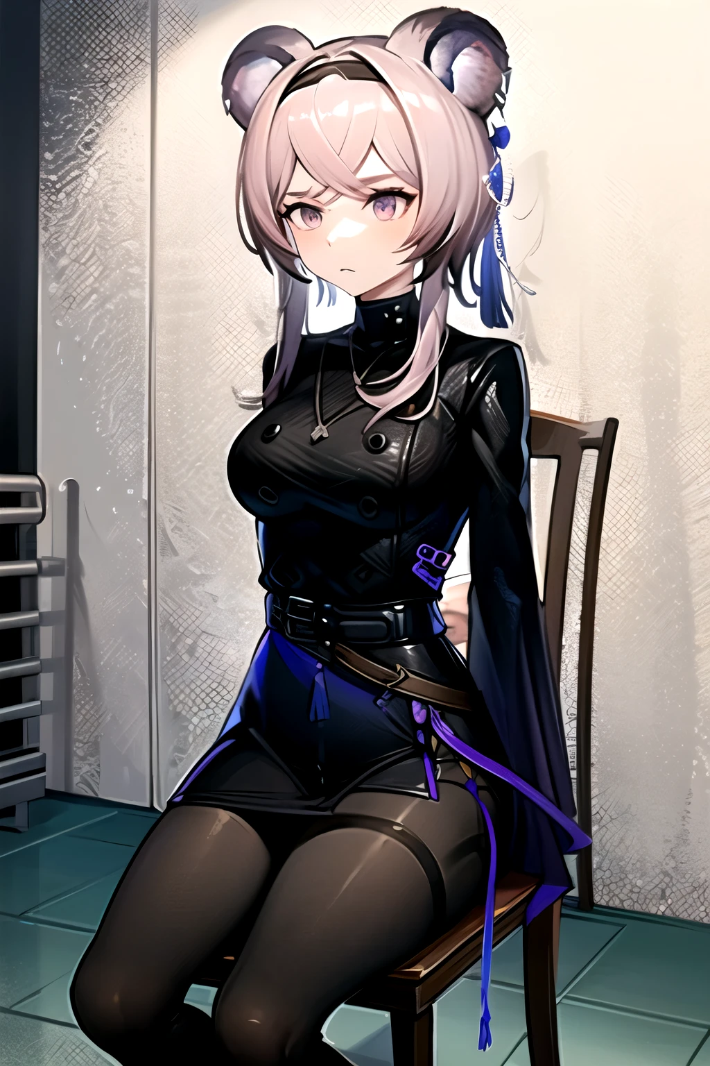 highest quality, masterpiece, High resolution, one person in, {Rin_Arknights:0.90}, 1 girl, black_dress, length_sleeve, looking for_in_Audience, cowboy_shot, Closed_mouth, ((hands tied behind)), ((arms behind back)), wide_sleeve, black_pantyhose, formal_alternine_Costumes, underground, Concrete floor, Concrete wall, underground room, Make a frown, sitting on the chair, pipe chair, Thighs together, black tights, Closed legs,