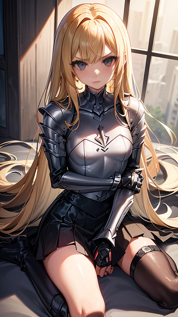 {{masterpiece}}, {{{best quality}}},{{ultra-detailed}}, {{illustration}},{{tall stature}},{{adult women}},((Sweatをかいて不機嫌な女剣士)),Small breasts,Slender,{{armor}},((mini skirt)),Over-the-knee leather boots,Armor Chest　Breast Armor　Get down on one knee　V-shaped eyebrows　Sweat　Gauntlet　A strong expression　blunt bangs　Blonde long hair　1 female,alone,　inside a prison cell　kneel down on one knee