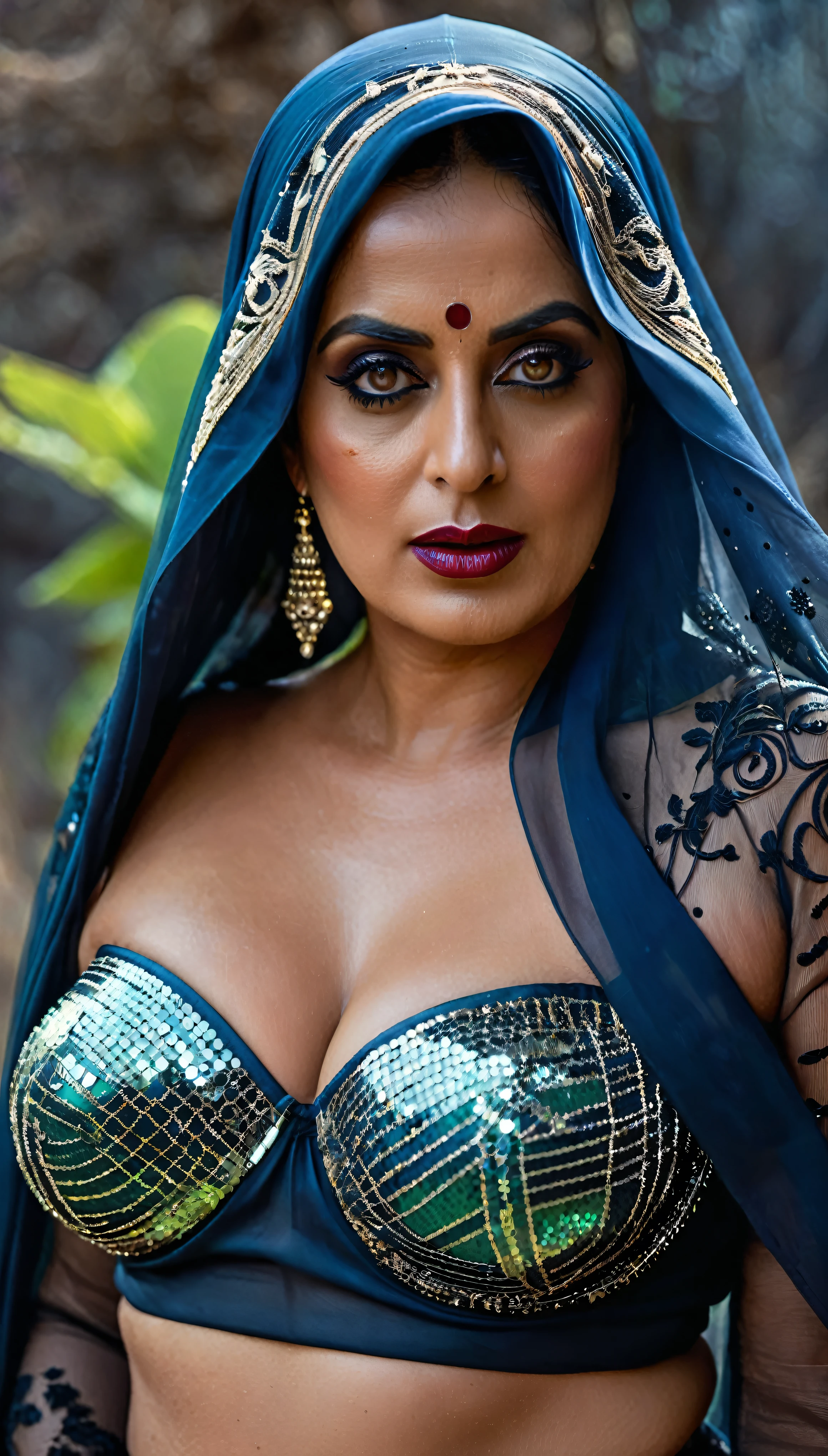 Looks like Mahie Gill, full body Closeup shot, Big chubby aunty, milf, cougar lady witch, horny Gothic milf,  70 years old gorgeous mature lady, pervert demoness, demoness of lust, curvy, black lips, horny face, extremely gorgeous, thick figure, heavy physique, voluptuous, curvy, sexy figure, Fashionable portrait of androgynous alien looking witch wearing veil, glowing eyes, futuristic design, minimal details, givenchy, photoreal, 200mm, hd, f/ 2.0, highly detailed, surreal, sexy beautiful evil woman, sexy bold sequin Saree with strapless Bra, chudail, Pishachini, horror genre, blood-thirsty enchantress, powerful female spirit, eerie, drop dead, in the style of red and blue, (intricate details, hyperdetailed:1.15) (skin texture:1.2), dark Moody tone, cinematic lighting, haunted place in background, 