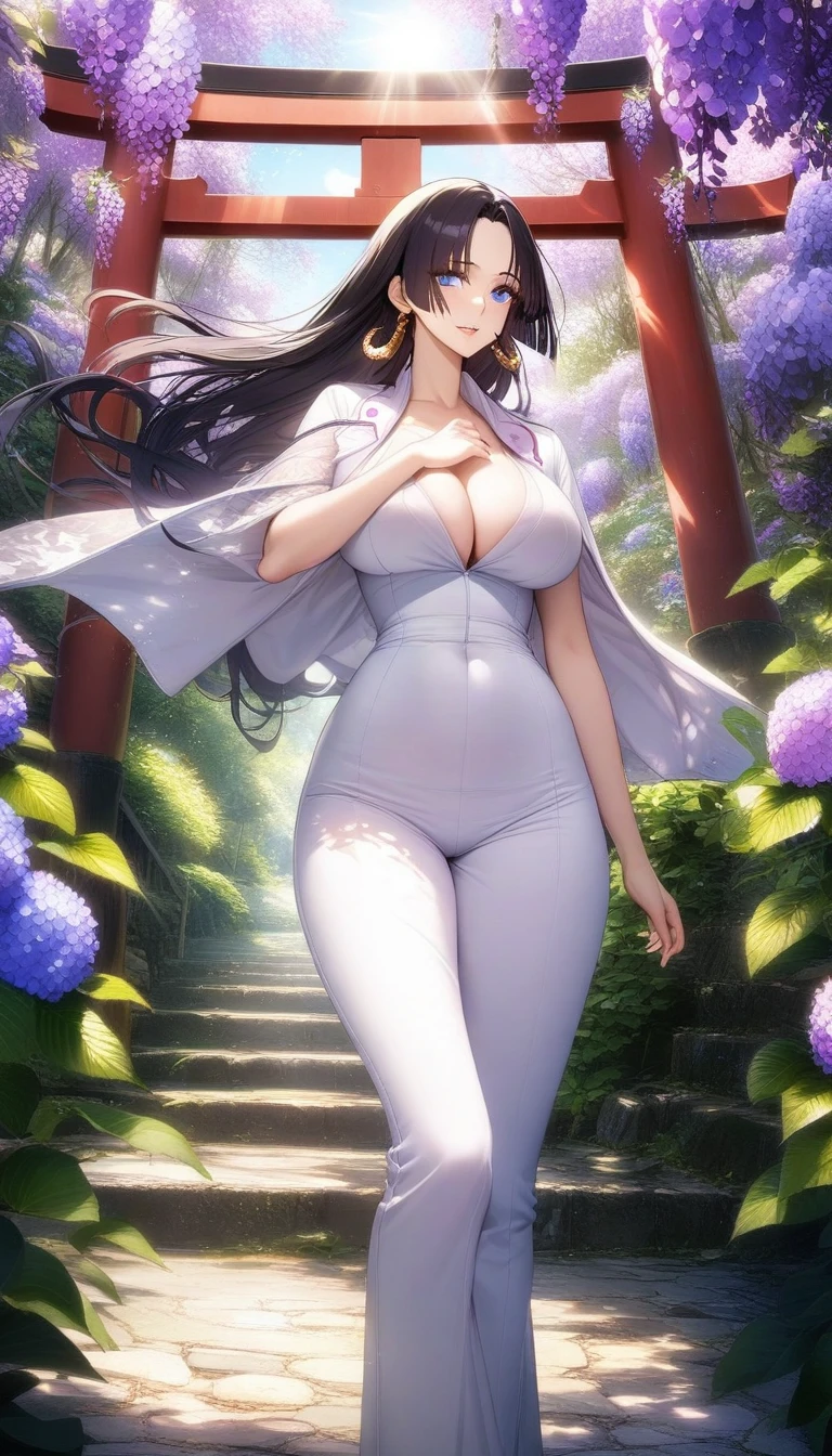 masterpiece, best quality, very aesthetic, absurdres, 1girl, mature_lady,white_clothes,nurse_suit,,boa_hancock(one_piece), black_hair, hime_cut, large_forehead, snake_earrings, blue_eyes,,Wallpaper Fusion, dappled sunlight, day, flower, hydrangea, leaf, light rays, nature, outdoors, path, plant, purple flower, scenery, stairs, sunlight, torii, tree, wisteria,floating_hair,