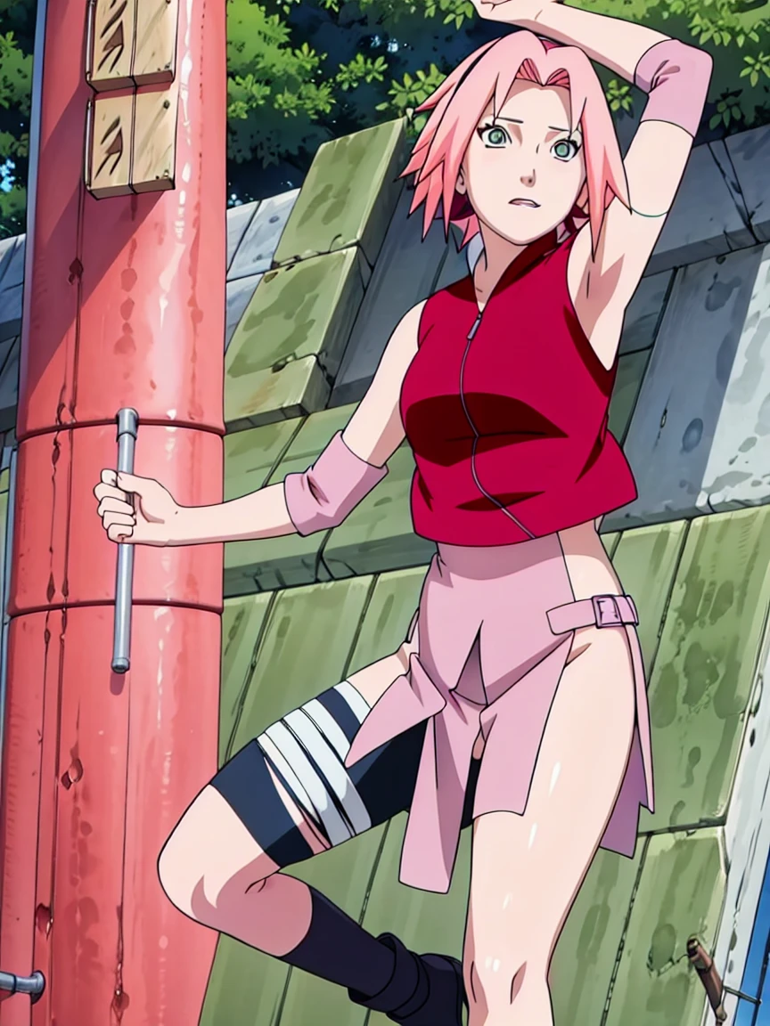 Sakura Haruno nude,wide hips,abdomen,sexy ,Show your armpits,jump,On the tree,IPST, naked,Torn shirt,blushing,sexually aroused, In the forest,open shirt,Hard nipple,pink nipples,full body