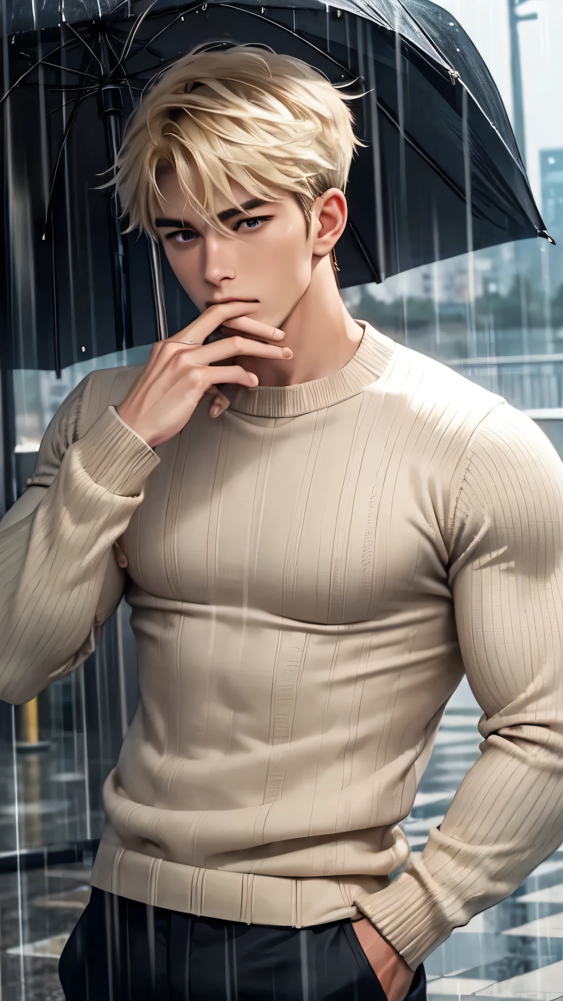 handsome male,Muscular,handsome male,Muscular,Blonde,bangs,Ribbed sweater,meanwhile,Highest quality,Make a frown,hand_To_mouth,in the rain,冬To,