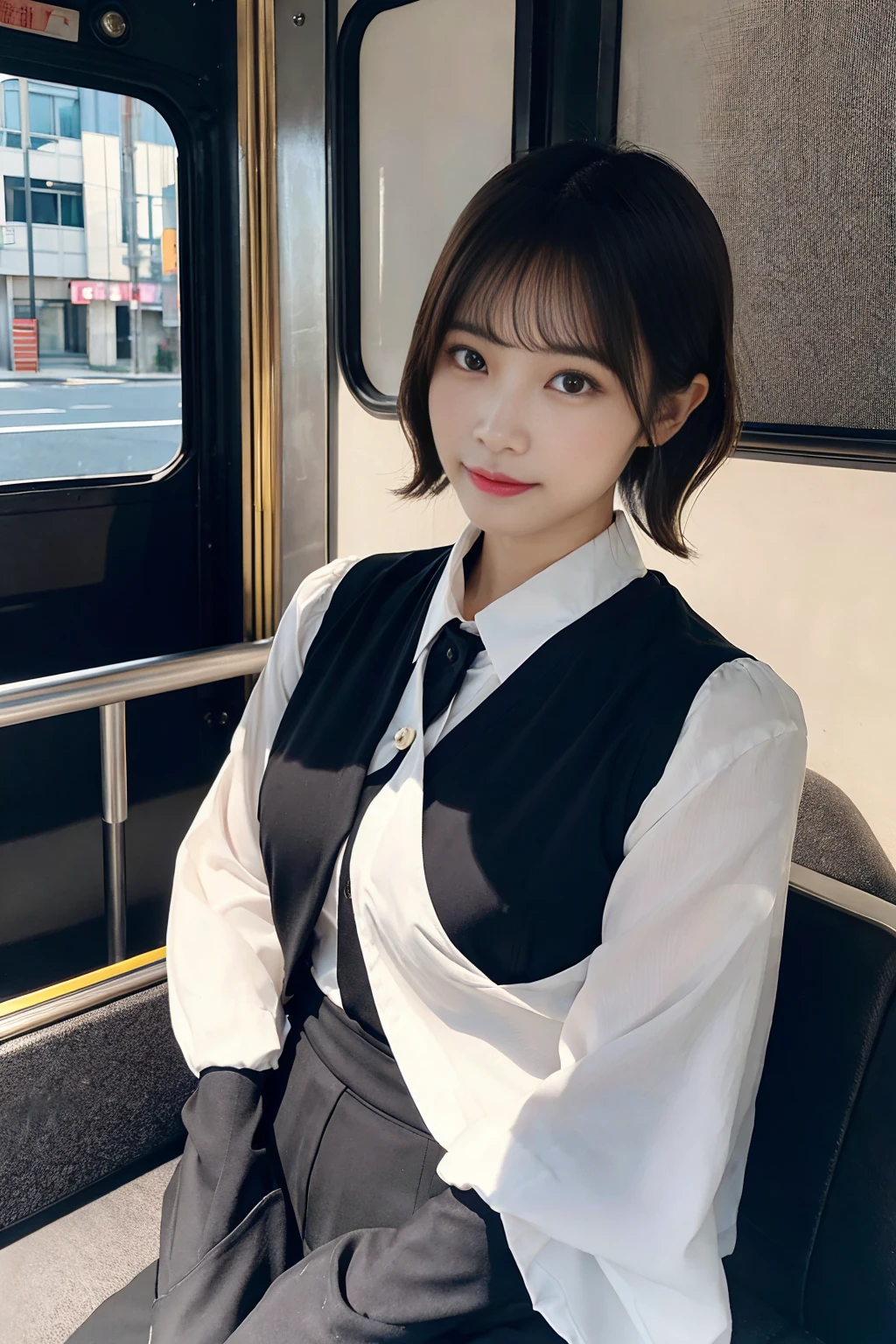 Create a close-up image of a beautiful Japanese woman who works as a bus guide with a seductive expression.。She wears a tight uniform、プロフェッショナルさとcharmを強調しています。Her hair was neatly tied up.、She has an elegant look with her short hair style.。The background is a softly blurred bus interior.、The warm lighting highlights her features.。The makeup is perfect、特に目と唇に重点を置いて彼女のcharmを引き立てています。Confident、She has a slightly mysterious look、Elegance、charm、And it creates a professional atmosphere.。It fits her body perfectly、Show off your curves but still look polished and professional。makes her silhouette look elegant、Make sure to highlight her style。