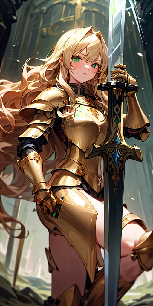 (masterpiece, best quality, no imperfections, ultra hd, super render quality),1girl with long dark blonde hair, bangs, cute green eyes, wavy hair, in gold armor and a big claymore sword, warm lightning,