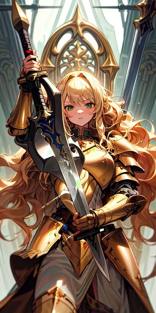 (masterpiece, best quality, no imperfections, ultra hd, super render quality),1girl with long dark blonde hair, bangs, cute green eyes, wavy hair, in gold armor and a big claymore sword, warm lightning,