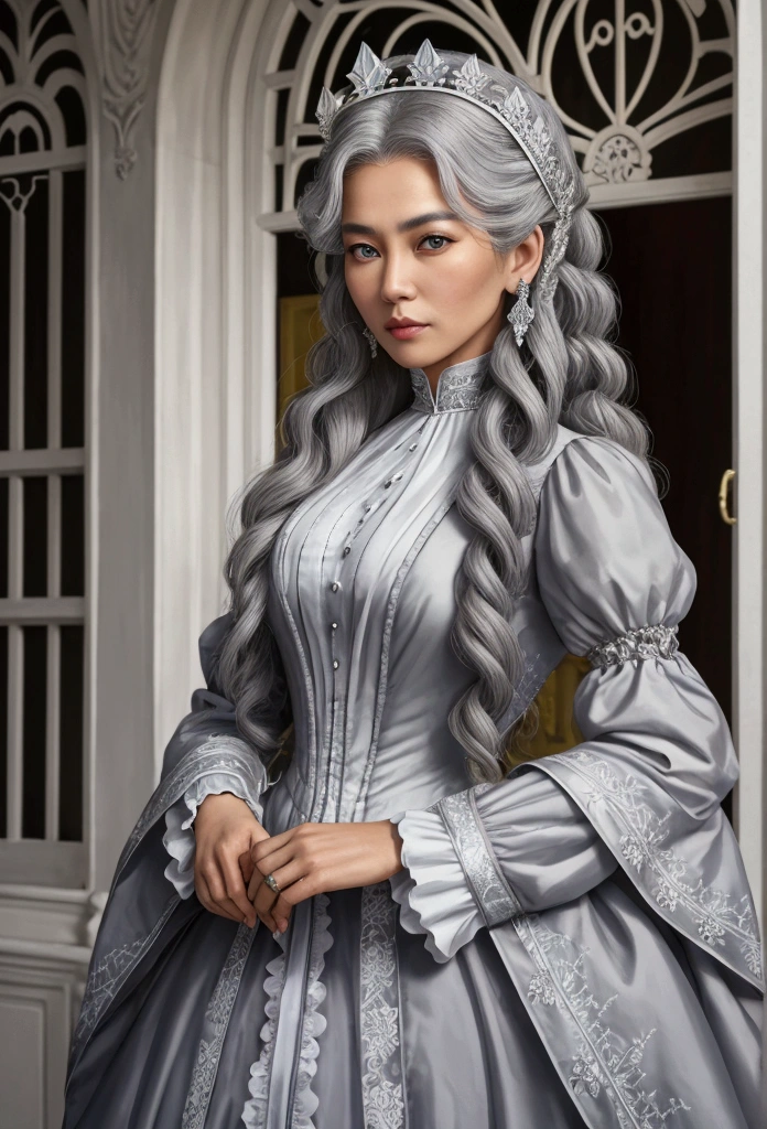A youthful looking white hot former female supermodel Filipino woman now a Victorian Queen who may be 50 years old but she look like 25 year old with her long curly gray hair graying with her hair now completely gray hair as a Victorian Queen standing in front of a school