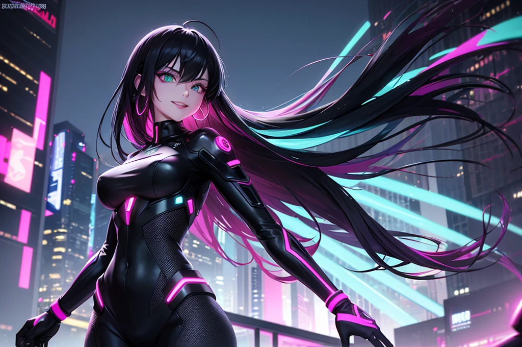 Background:
• Setting: A cyberpunk near-future city with towering skyscrapers and neon lights illuminating the night.
• Color Scheme: Use vibrant neon colors (pink, blue, purple, green) throughout the background, incorporating reflections and glitch effects characteristic of a cyberpunk aesthetic.
• Details: Between the buildings, holographic advertisements float, and drones fly through the sky. The city’s inhabitants are depicted in cyberpunk fashion, emphasizing the futuristic atmosphere.
Effects:
• Light Effects: Neon light particles scatter around the character, with reflections and refractions enhancing her colorful attire.
• Movement Effects: Show her hair and parts of her outfit blowing in the wind to convey dynamic movement. Add light trails that follow the movement of her hair.
• Glitch Effects: Insert digital noise and glitch effects in parts of the background and around her to emphasize the futuristic cyberpunk world.black hair, colored inner hair, hair behind ear, mullet, pointy hair, empty eyes, mismatched pupils, multicolored eyes, dilated pupils, eyeball, wide eyes, slit pupils, longeyelashes, hoop earrings, crazy, licking lips, seductive smile, long tongue, determined, evil, crazy smile, oral invitation, Conceptual art, anime, anime style, chiaroscuro, glowing light, cowboy shot, lens flare, 8k, super detail, UHD, masterpiece, accurate, accurate, textured skin, textured skin, high details, high quality, award winning, best quality, highres, 16k