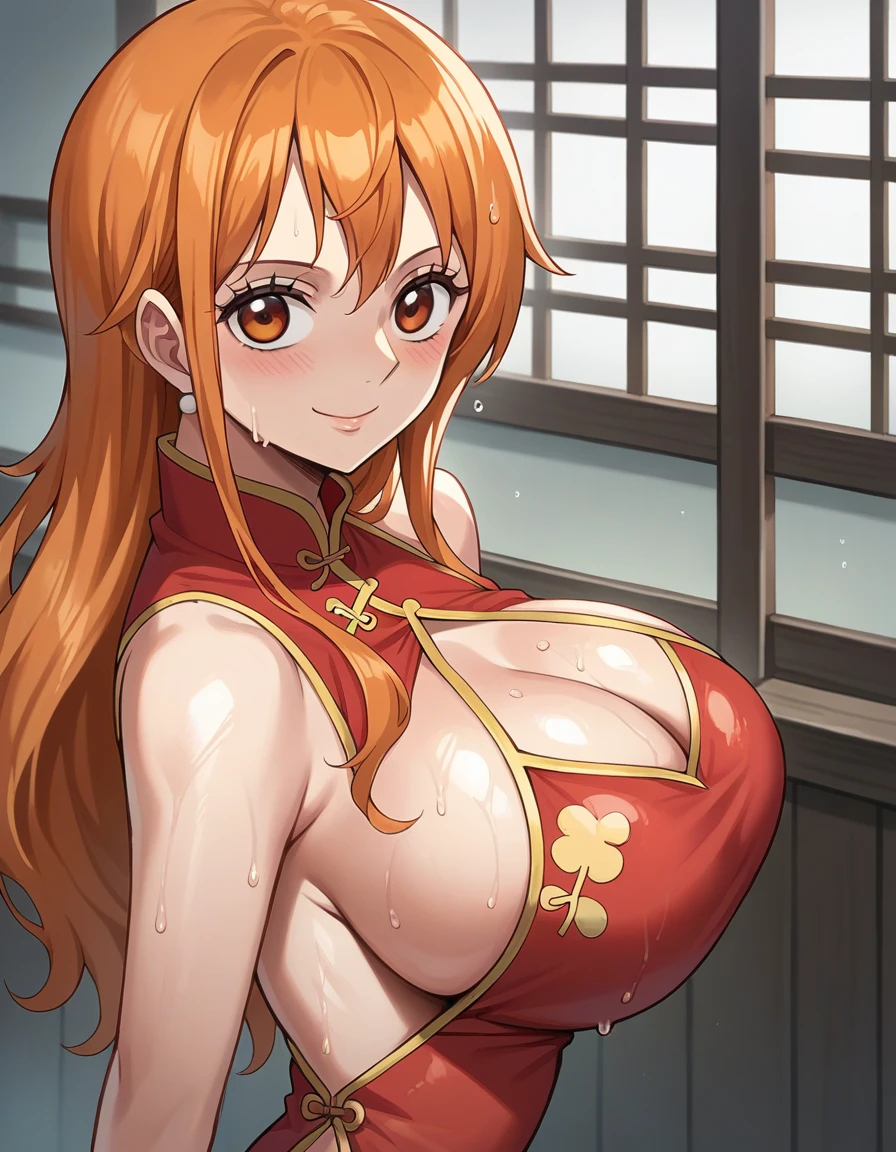 score_9, score_8_up, score_7_up, source_anime, best quality, clear face, Nami, orange hair, orange eyes, long hair, large breasts, perfect body, standing, looking at viewer, smile, china dress, red clothes, dynamic angle, indoor, wet clothes,blushing,embrassed,see though clothes,big boob,hands on boob, view from side