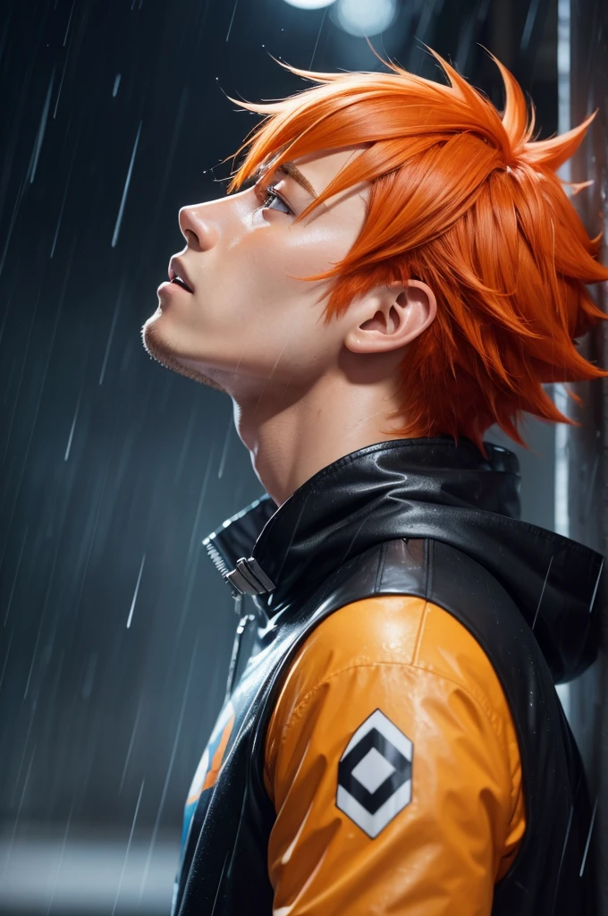 Male anime style character with orange hair in profile looking up in the rain, 4K, high qualiy