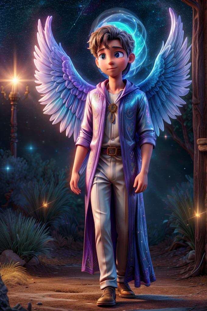 a man in angel clothes, in a spiritual dimension, colorful sky, universe with many stars, enchanted energy, beings of light flying in the sky with stars and birds, mystical energy, (best quality,4k,8k,highres,masterpiece:1.2),ultra-detailed,(realistic,photorealistic,photo-realistic:1.37),intricate detailed art, digital art, hyperrealistic, dramatic lighting, ethereal, transcendent, cosmic, celestial, otherworldly, spiritual, divine, glowing, radiant, shimmering, iridescent