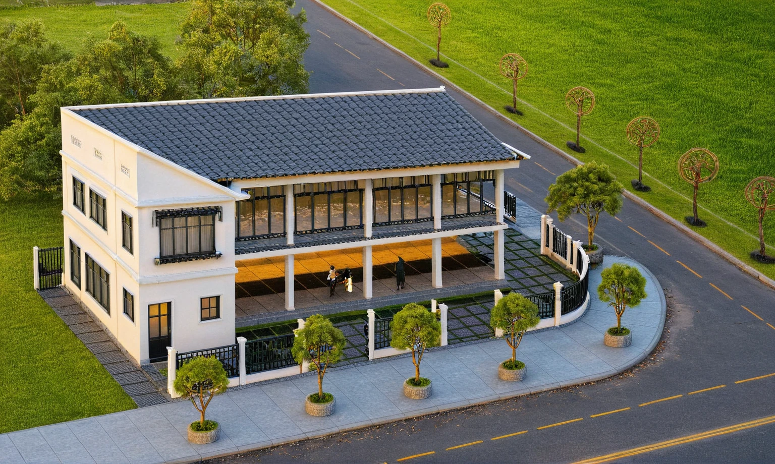 Raw photo,Masterpiece, high quality, best quality, authentic, super detail,
exterior, outdoors, house style indochine on the street ,aiaigroup
road,pavement, grass, trees, sky, cloud, (day:1.1), aerial perspective, street, landscape, sunrise