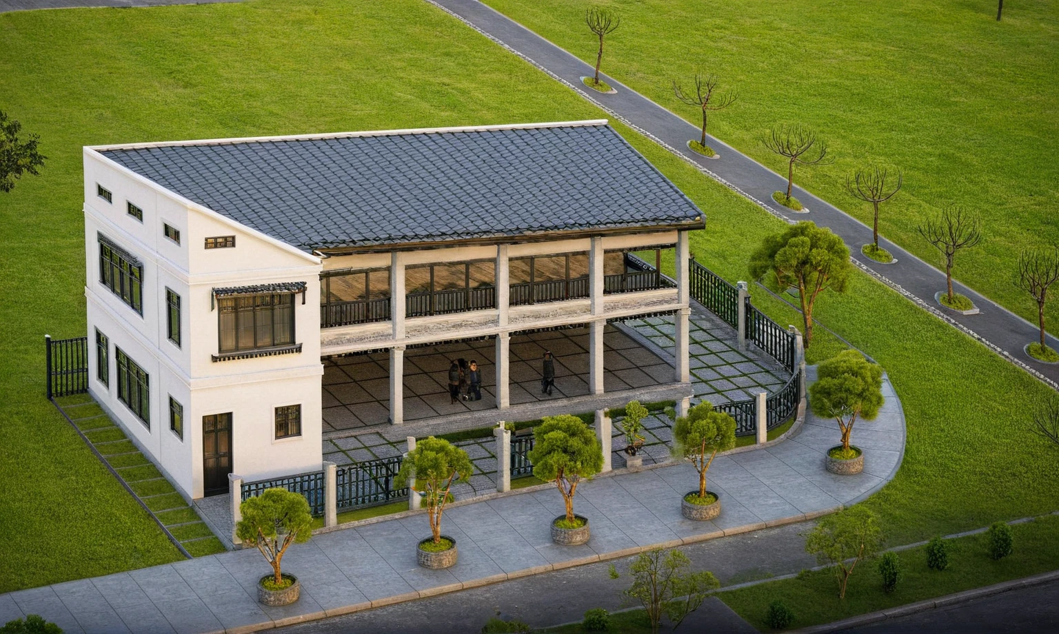 Raw photo,Masterpiece, high quality, best quality, authentic, super detail,
exterior, outdoors, house style indochine on the street ,aiaigroup
road,pavement, grass, trees, sky, cloud, (day:1.1), aerial perspective, street, landscape, sunrise