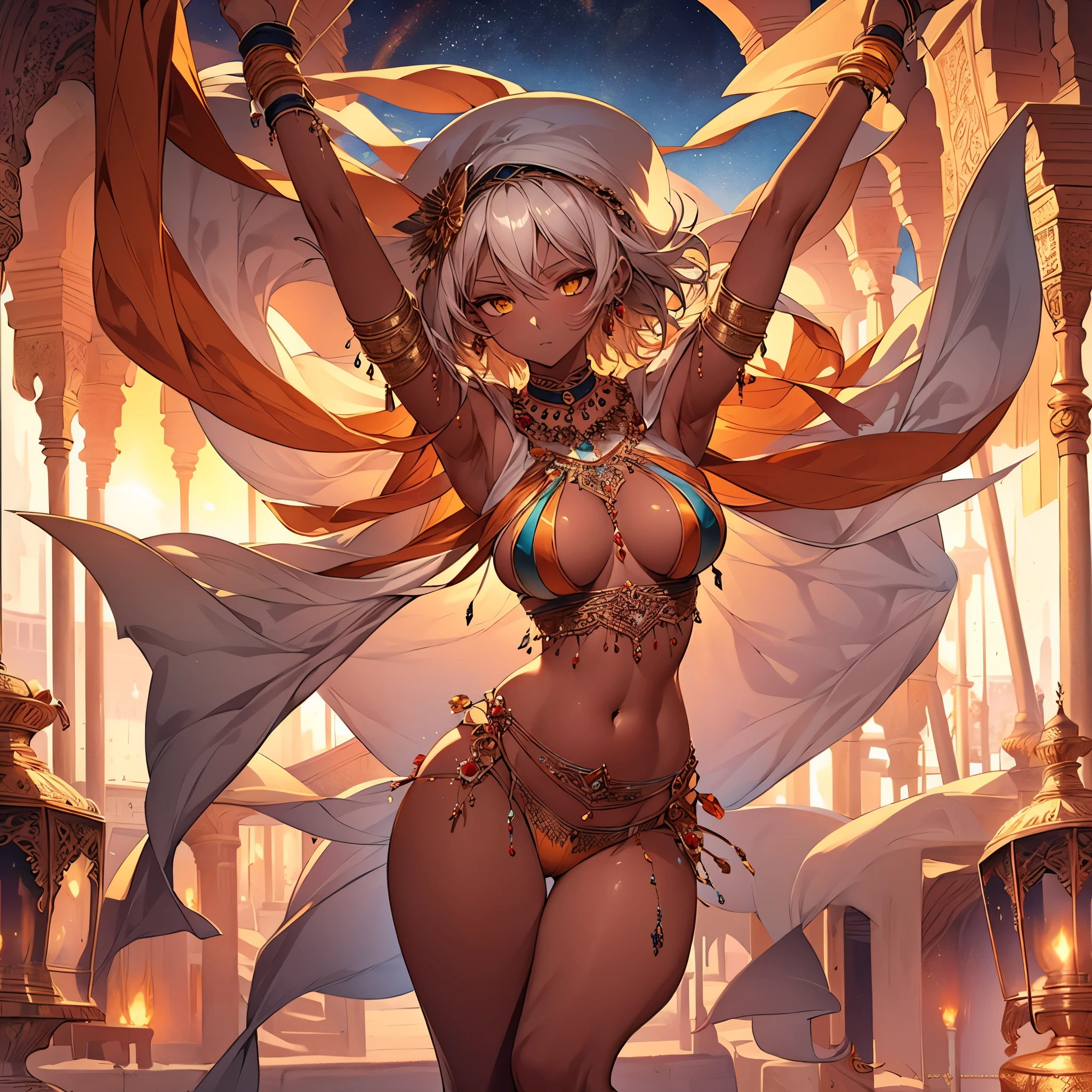 masterpiece, Highest quality, Perfect Face, Highest Resolution, Highest quality,Detailed depiction of the eyes, 1 girl, young, dark tan skin, slate gray hair, short hair, upturned eyes, Yellow Orange eyes, curvy body, Perfect Anatomy, Arabian, ribbon choker, Belly dance, arabian town, dancing, Perfect Anatomy,