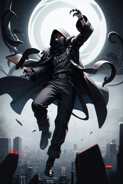 ((best quality)), ((masterpiece)), (detailed), 1 boy, full body, 23 years old, young adult, black scarf, bandage covering his mouth, white glowing eyes, 1 scratch on his right eye, pointed hood, black skin, disheveled hair, black coat, baggy sleeves, tall, thin, ripped sleeves, white zig zag marks on his coat, black portals, black fingers, black wristbands with white circles, black tentacles coming out of his coat, warlock, brooch with eye symbol on his coat, claws, black baggy pants, black boots, floating, floating books, darkness, night city background, anime