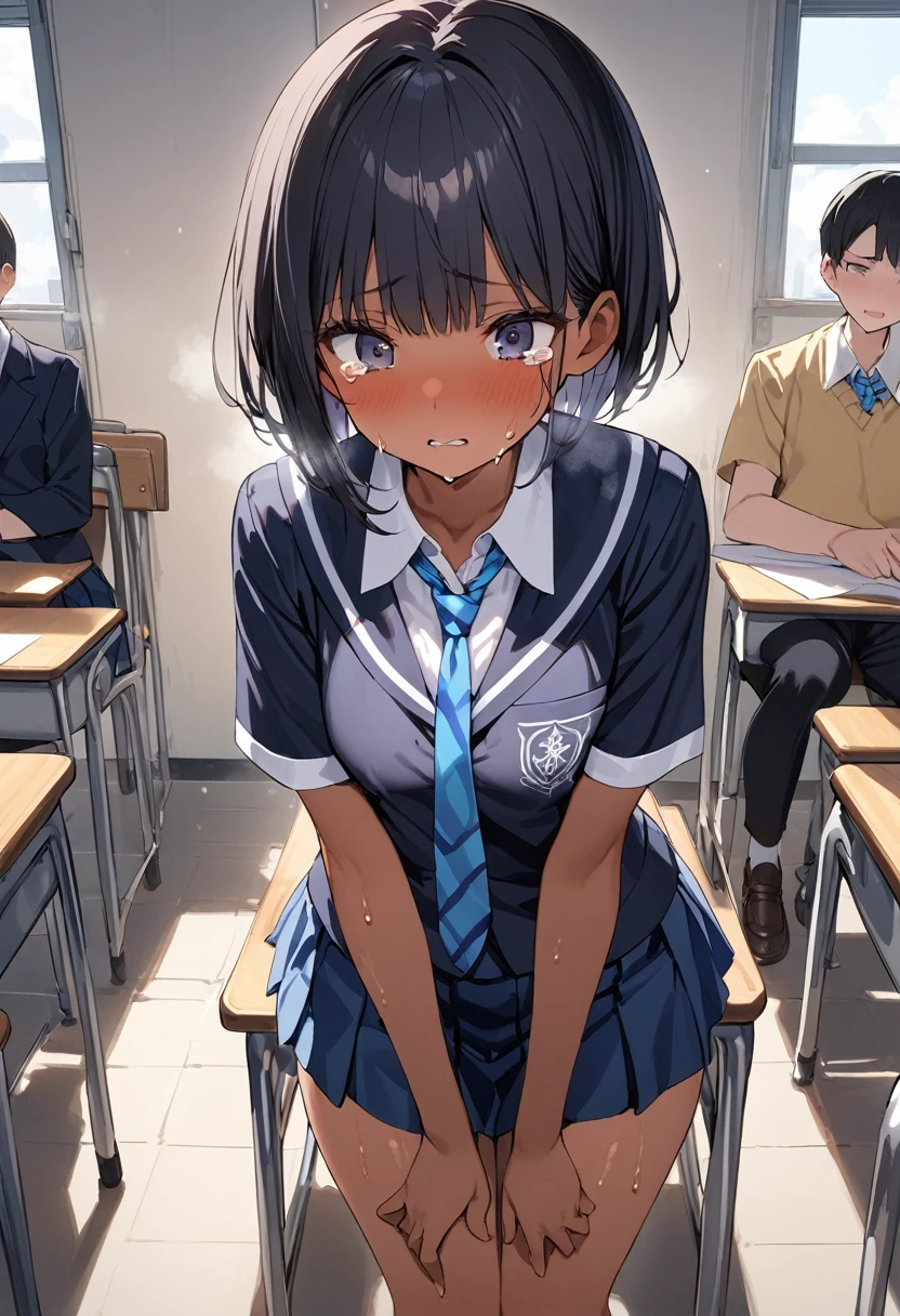 ((masterpiece,Highest quality:1.3,best quality illustration)),cowboy shot,独奏,1woman,18 year old beauty、black hair,short bob hair,bangs,black eyes,(gorgeous big eyes),((very small head:1.3)),sad,tears,((skinny:1.2)),((tan skin:1.4)),small breasts,(School student uniform、Short sleeve collared shirt、Blue ribbon tie、Blue mini skirt),gleaming skin,oily skin,slender body,sweat,standing,classroom、School、Tokyo、BDSM,nsfw,