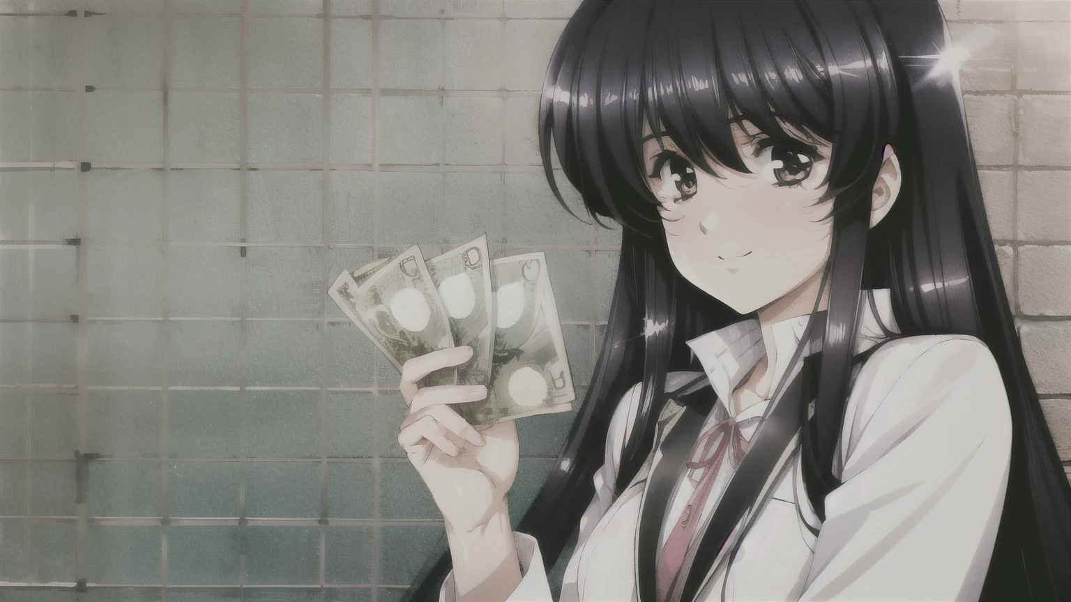 One girl, rich,Black Hair,long hair,suit,smile,Handing over money
