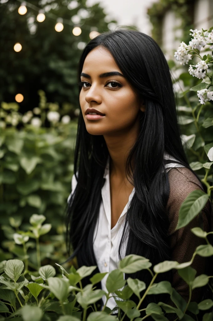 Black hair woman and black eyes in the garden, pick up a light