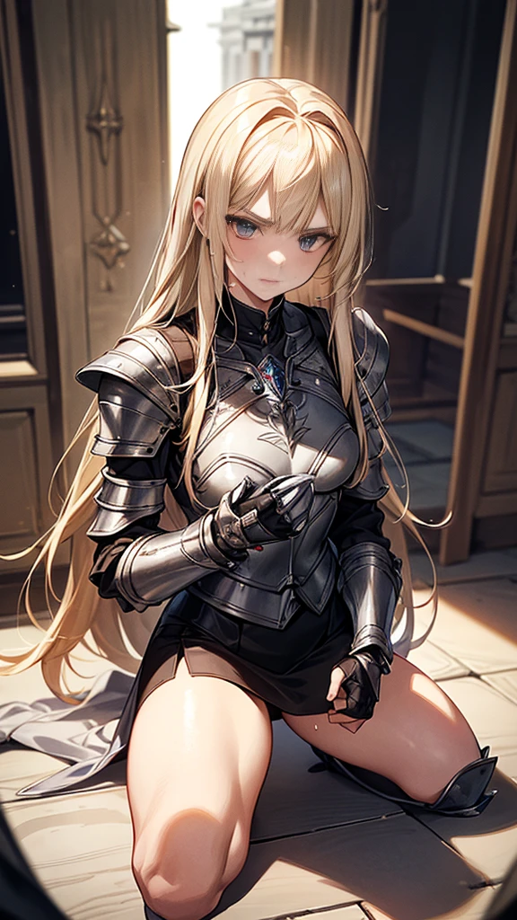 {{masterpiece}}, {{{best quality}}},{{ultra-detailed}}, {{illustration}},{{tall stature}},{{adult women}},((Sweatをかいて不機嫌な女剣士)),Small breasts,Slender,{{armor}},((mini skirt)),Over-the-knee leather boots,Armor Chest　Breast Armor　Get down on one knee　V-shaped eyebrows　Sweat　Gauntlet　A strong expression　blunt bangs　Blonde long hair　1 female,alone,　inside a prison cell　kneel down on one knee