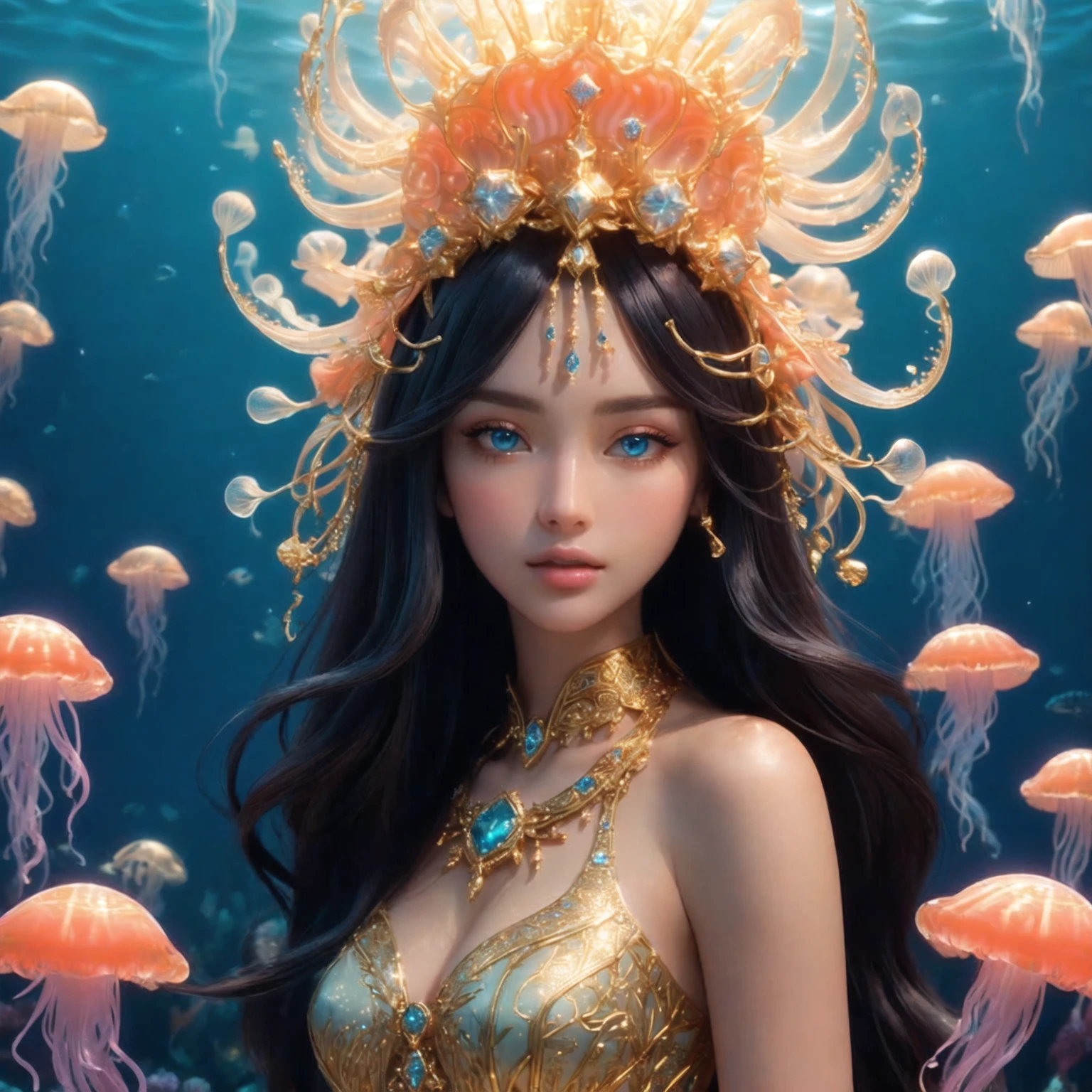 super model woman , big breasts , sea blue eyes , under the sea fantasy , Smooth skin , Sharp picture , high resolution , pink mouth ,Standing in a golden dress,jellyfish, Goddess of the Sea, Fine gold jewelry , Fine blue diamond jewelry ,, realistically