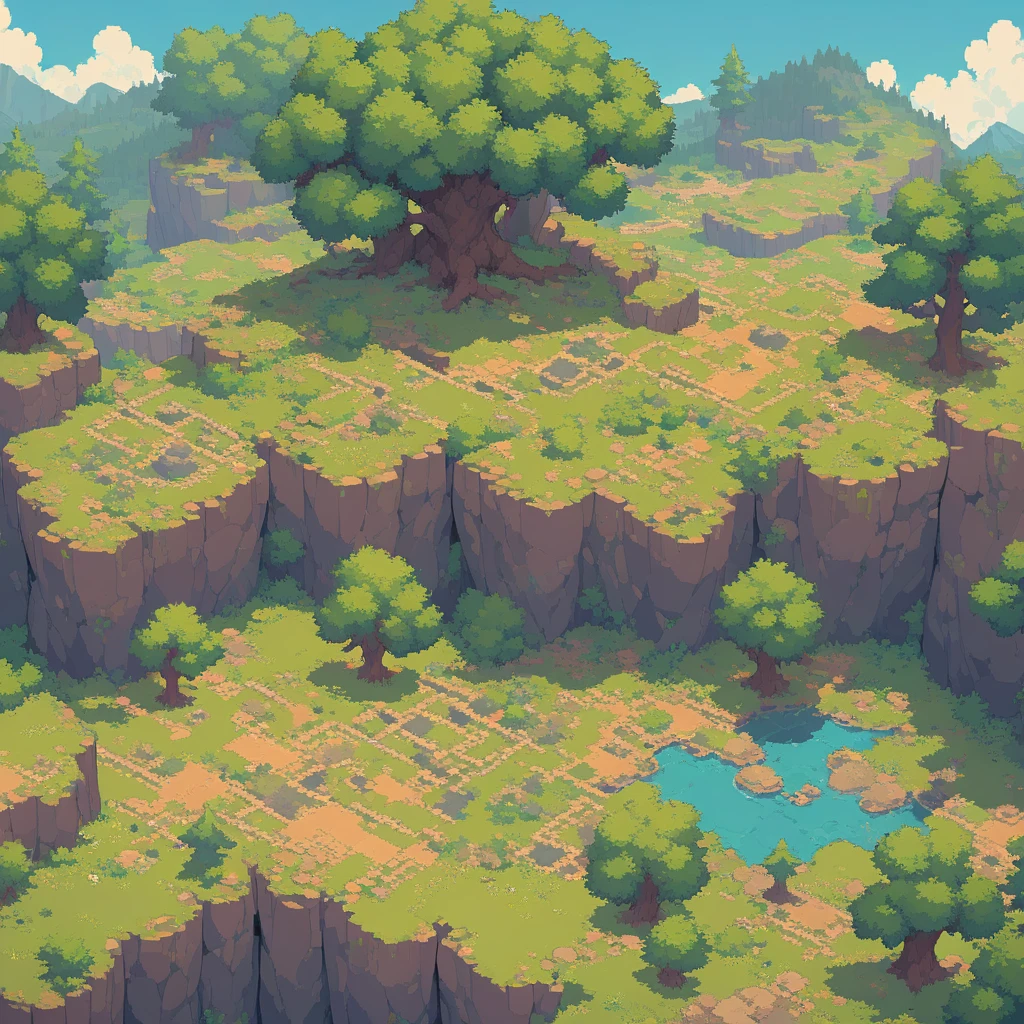 retro video game style,pixelated, vibrant pastel colors,8-bit characters,blocky shapes,sharp lines,detailed shading,classic gaming vibe,nostalgic atmosphere,classic arcade games,masterpiece:1.2,ultra-detailed,illustration style, 2d texture, stone texture, 4 k seamless mud texture, video game texture, dirt texture, tileset, game tiles, grass, 3/4th perspective trees, 3/4th perspective tileable rock texture, 3/4th perspective tileable cliff formations, tileable trees, topdown view, game texture, game art, tileable texture, very detailed cliff texture, intricate stones, top down view, 3/4th perspective