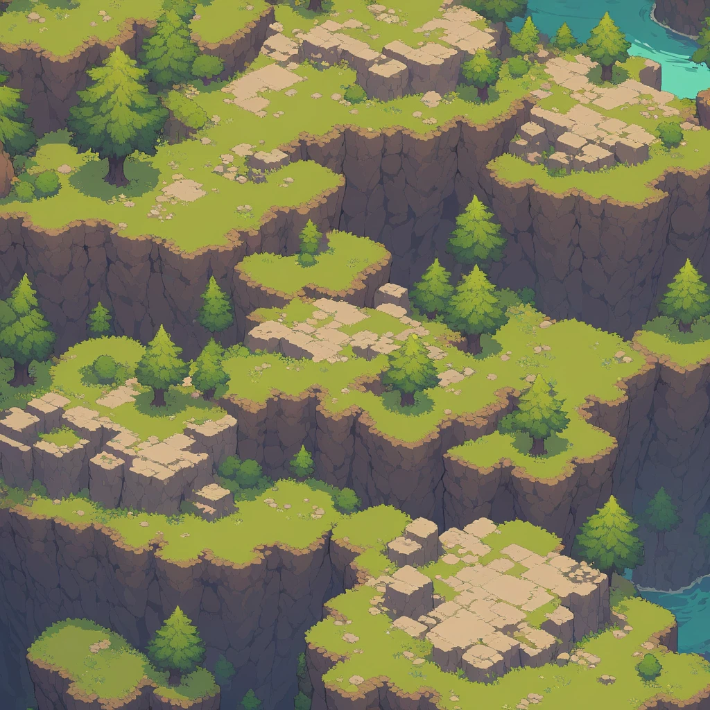 retro video game style,pixelated, vibrant pastel colors,8-bit characters,blocky shapes,sharp lines,detailed shading,classic gaming vibe,nostalgic atmosphere,classic arcade games,masterpiece:1.2,ultra-detailed,illustration style, 2d texture, stone texture, 4 k seamless mud texture, video game texture, dirt texture, tileset, game tiles, grass, 3/4th perspective trees, 3/4th perspective tileable rock texture, 3/4th perspective tileable cliff formations, tileable trees, topdown view, game texture, game art, tileable texture, very detailed cliff texture, intricate stones, top down view, 3/4th perspective