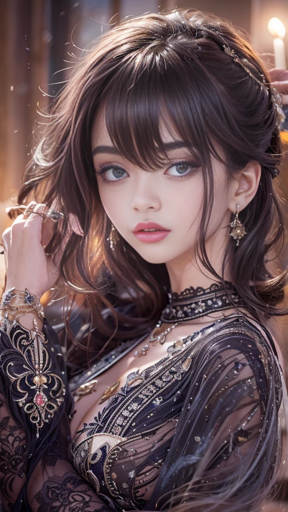 (32K:1.5, Highest quality, masterpiece, Ultra-high resolution), Professional camera work:1.6, Very detailedな肌と顔の質感:1.3, Captivating portrait:1.2, Very accurate, Very detailed, Adult female, ((Amazing night view from the rooftop:1.4, The moonlight at night illuminates my body)), (Satin Nightgown:0.7), Incredibly slim body, Sensual sitting position:0.6, sense of loss, sorrow, Expression of sorrow, (Big eyes that exude beautiful eroticism:0.4, Small face, Dreamy look:1.0, I love you with all my heart:0.8, Open your mouth a little, lipstick, Feel the beautiful eroticism:0.9), (Wet dark brown medium length hair), Candles, Medium chest, Earrings, necklace, bracelet, (romantic, mysterious), Fair skin, elegant, Object of admiration, original, dramatic, artistic, Innovative, charm, Heartful, Fancy, sense of openness, sense of cleanliness, special, exciting, Extreme, Tilt, ((Adult charm, Feminine charm, Hair blowing in the wind)