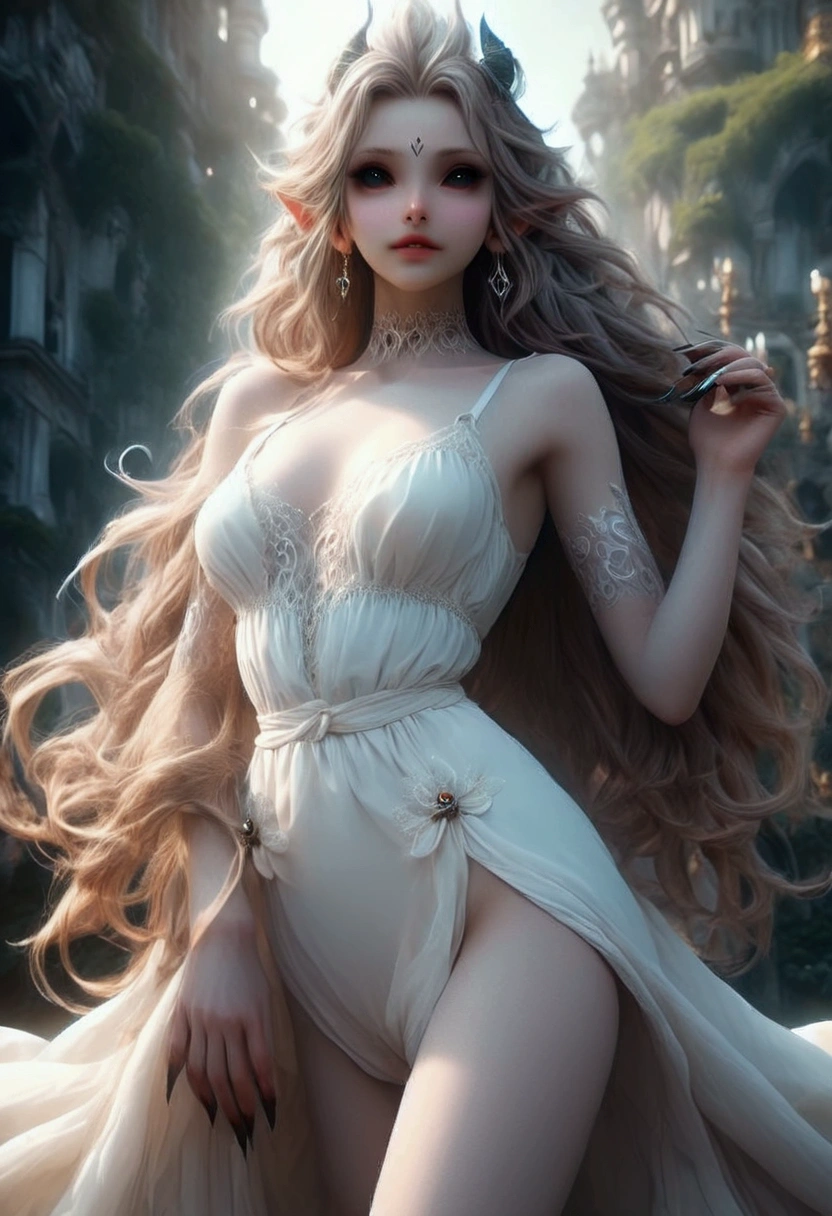 (highres, ultra-detailed, realistic:1.37), aerith, final fantasy, beautiful body, beautiful detailed eyes, detail-oriented nose, luscious red lips, long flowing grey hair, radiant smile, elegant crown, royal attire, intricate jewelry, graceful pose, enchanting expression, majestic forrest in the background, vibrant colors, soft lighting, regal atmosphere, atmospheric perspective, stunning landscape, floating clouds, magical aura, timeless beauty, intricate patterns, ethereal ambiance, striking contrast, dreamlike quality, cinematic composition, white very short dress
