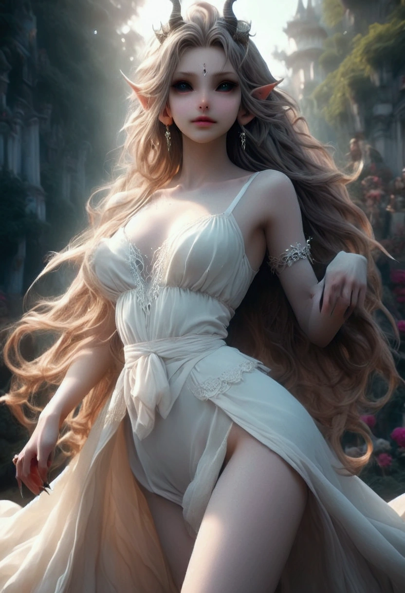 (highres, ultra-detailed, realistic:1.37), aerith, final fantasy, beautiful body, beautiful detailed eyes, detail-oriented nose, luscious red lips, long flowing grey hair, radiant smile, elegant crown, royal attire, intricate jewelry, graceful pose, enchanting expression, majestic forrest in the background, vibrant colors, soft lighting, regal atmosphere, atmospheric perspective, stunning landscape, floating clouds, magical aura, timeless beauty, intricate patterns, ethereal ambiance, striking contrast, dreamlike quality, cinematic composition, white very short dress