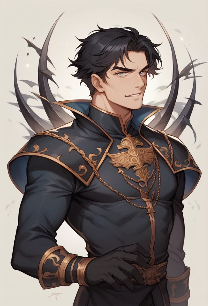 A realistic 20 year prince of darkness. He has grey eyes. Black Hair He is beautful but strong. Wearing all black prince outfit. Has a mischievous smirk
