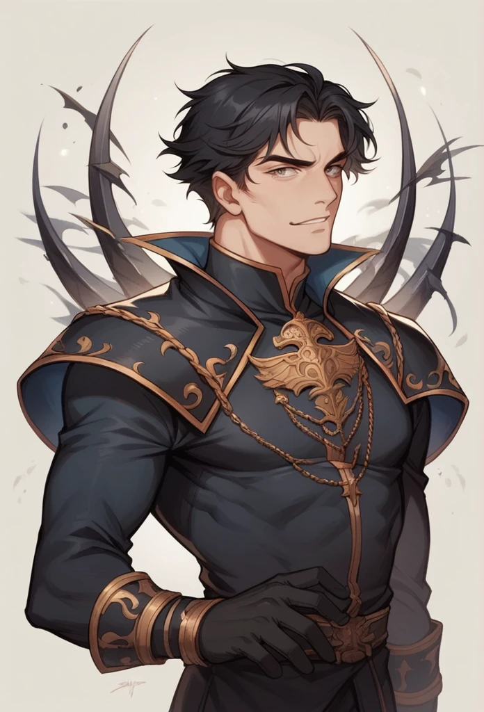 A realistic 20 year prince of darkness. He has grey eyes. Black Hair He is beautful but strong. Wearing all black prince outfit. Has a mischievous smirk