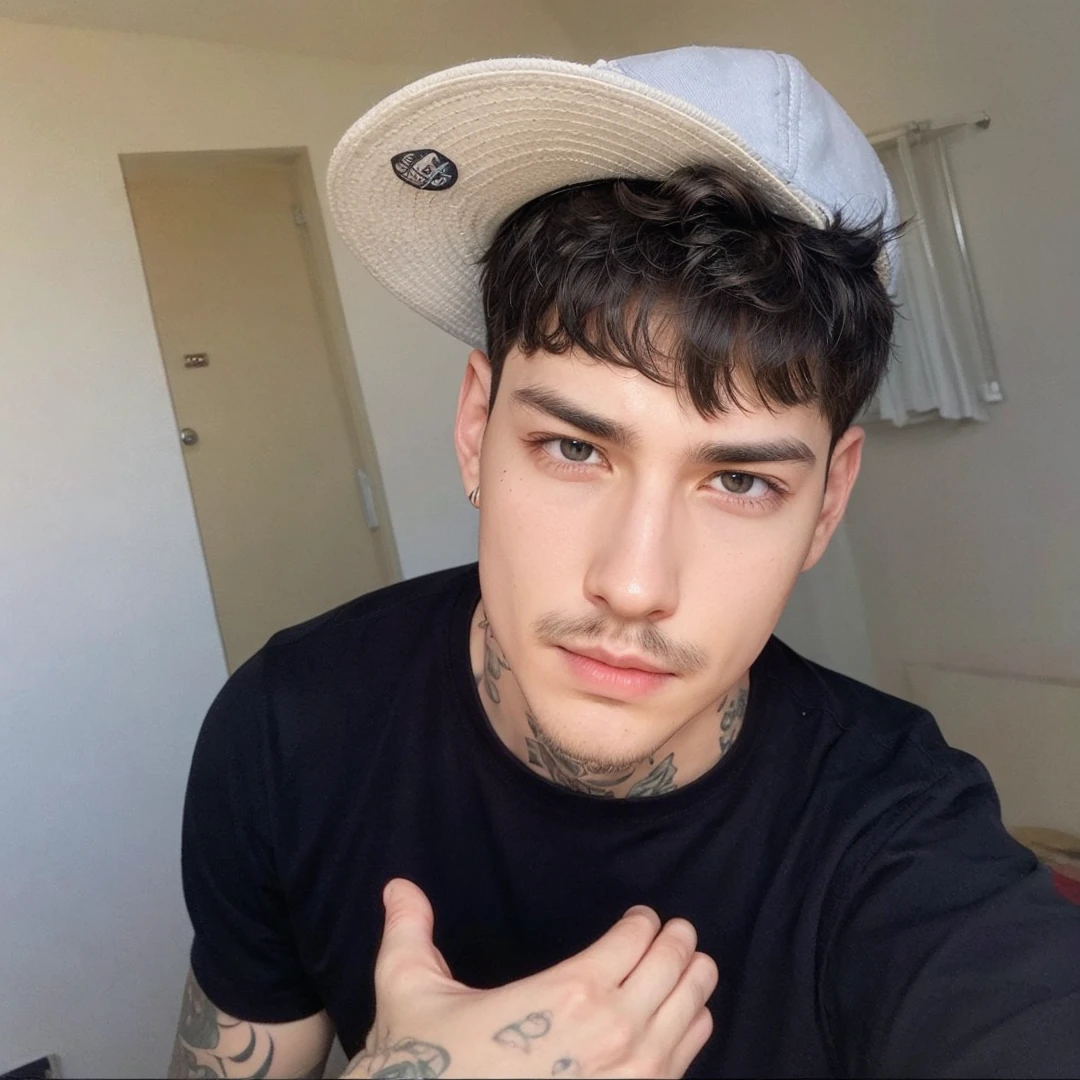 He wears a cap, straight hair and defined jawline, looking at camera and thin mustache, tatoo 