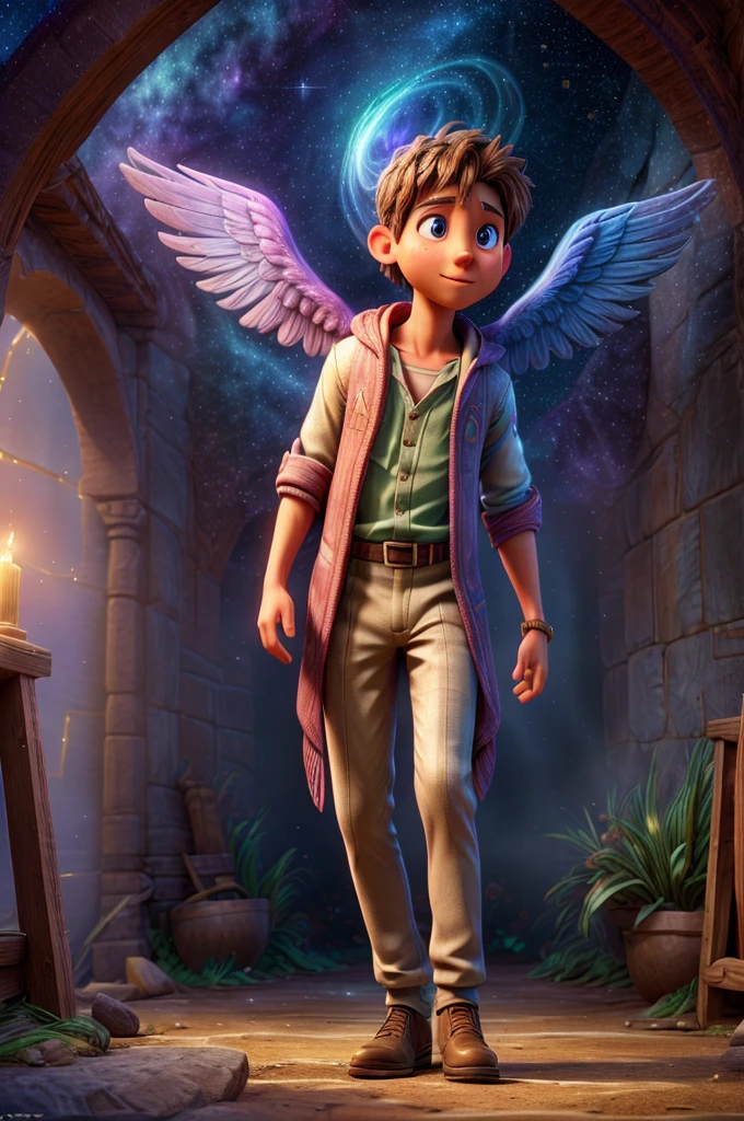 a man in angel clothes, spiritual dimension, colorful sky, universe with stars, enchanted energy, beings of light flying in sky with stars and birds, mystical energy, (best quality,4k,8k,highres,masterpiece:1.2),ultra-detailed,(realistic,photorealistic,photo-realistic:1.37),detailed eyes,detailed face,hyper detailed,intricate details,dramatic lighting,cinematic,spiritual,fantasy,concept art,vivid colors,glowing,ethereal,magical