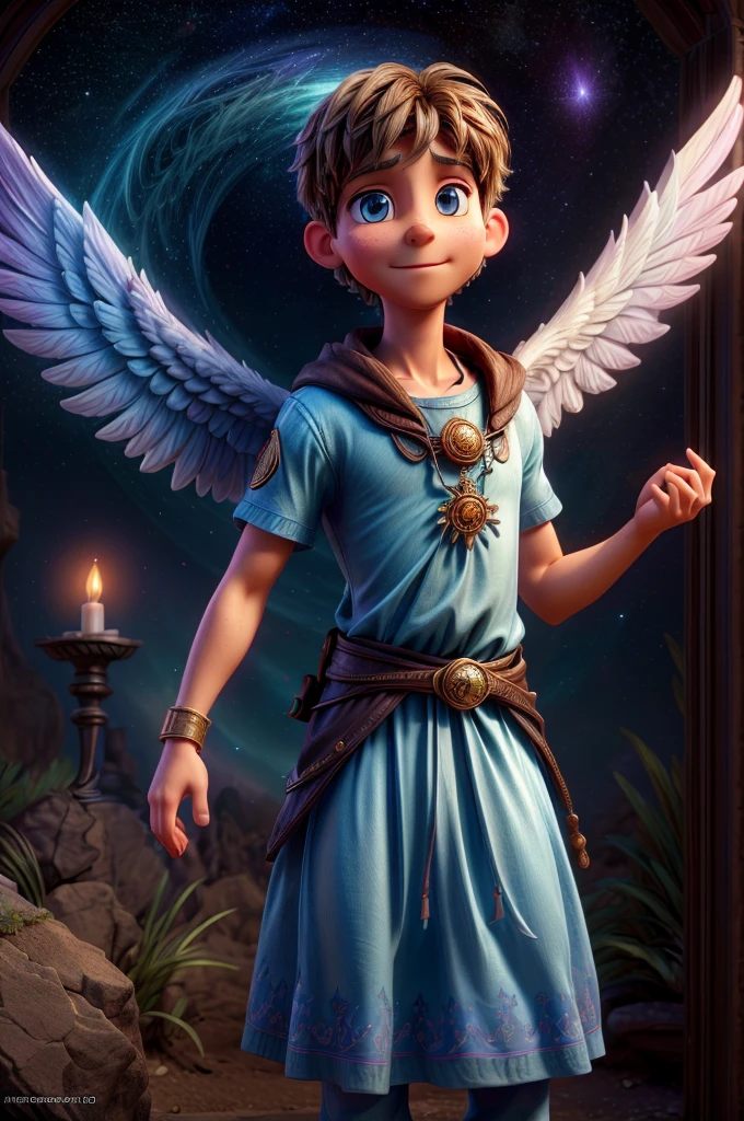 a man in angel clothes, spiritual dimension, colorful sky, universe with stars, enchanted energy, beings of light flying in sky with stars and birds, mystical energy, (best quality,4k,8k,highres,masterpiece:1.2),ultra-detailed,(realistic,photorealistic,photo-realistic:1.37),detailed eyes,detailed face,hyper detailed,intricate details,dramatic lighting,cinematic,spiritual,fantasy,concept art,vivid colors,glowing,ethereal,magical