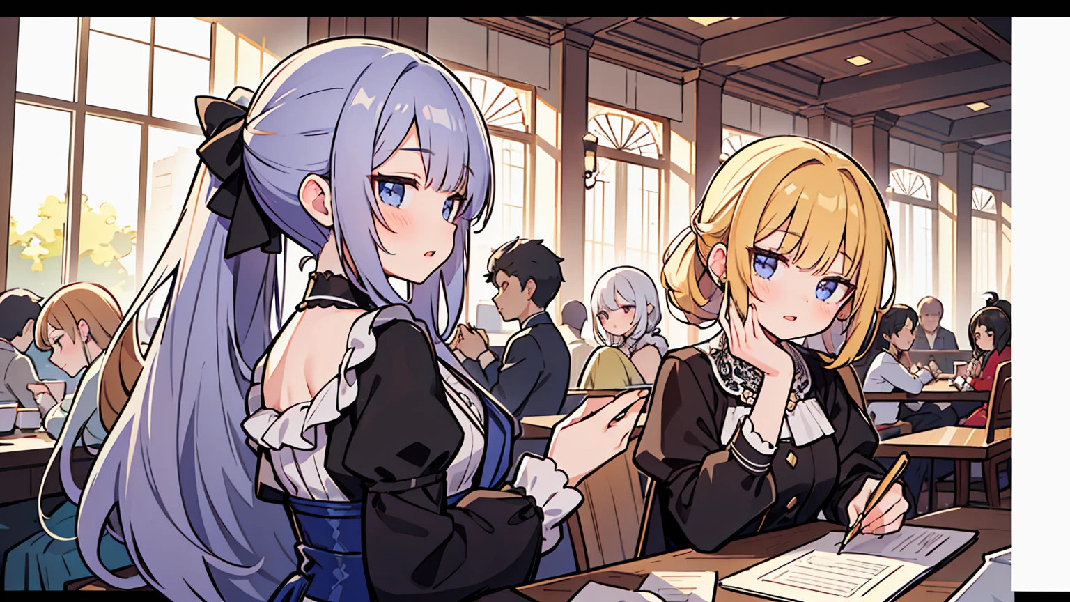 (masterpiece, best quality),Women with different faces and hairstyles, different hair colors, different faces, ponytail, letterboxed, perfection of fashion,chapped lips, old fashioned dress, upper body, from the side,royal banquet hall, The interior has a modern design,study at the table, eyes look at the note, together, stylish outfit,