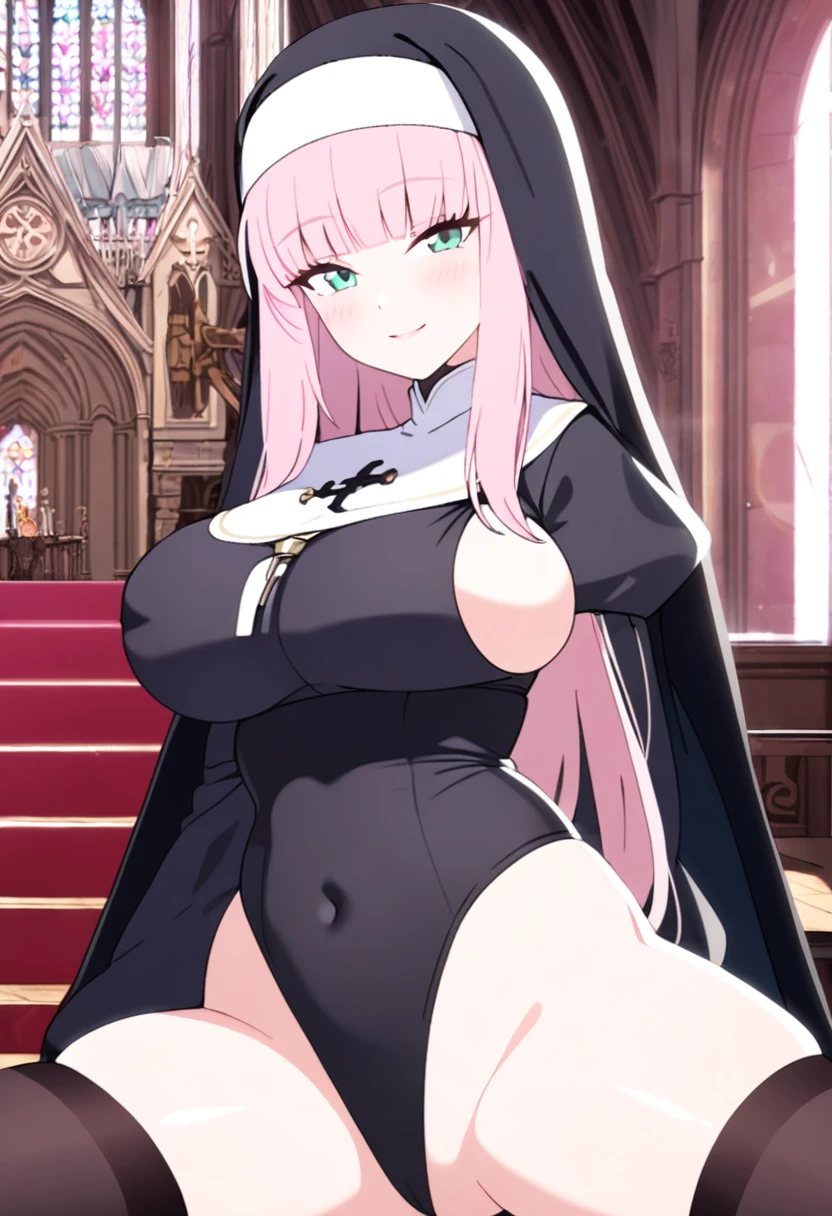 16 yo girl, elf, hime cut, long hair, light pink hair, L cup breast, thicc thigh, perfect hourglass body, erotic nun, revealing clothes, black thigh high, charming smile, church scene, spread legs, charming smile