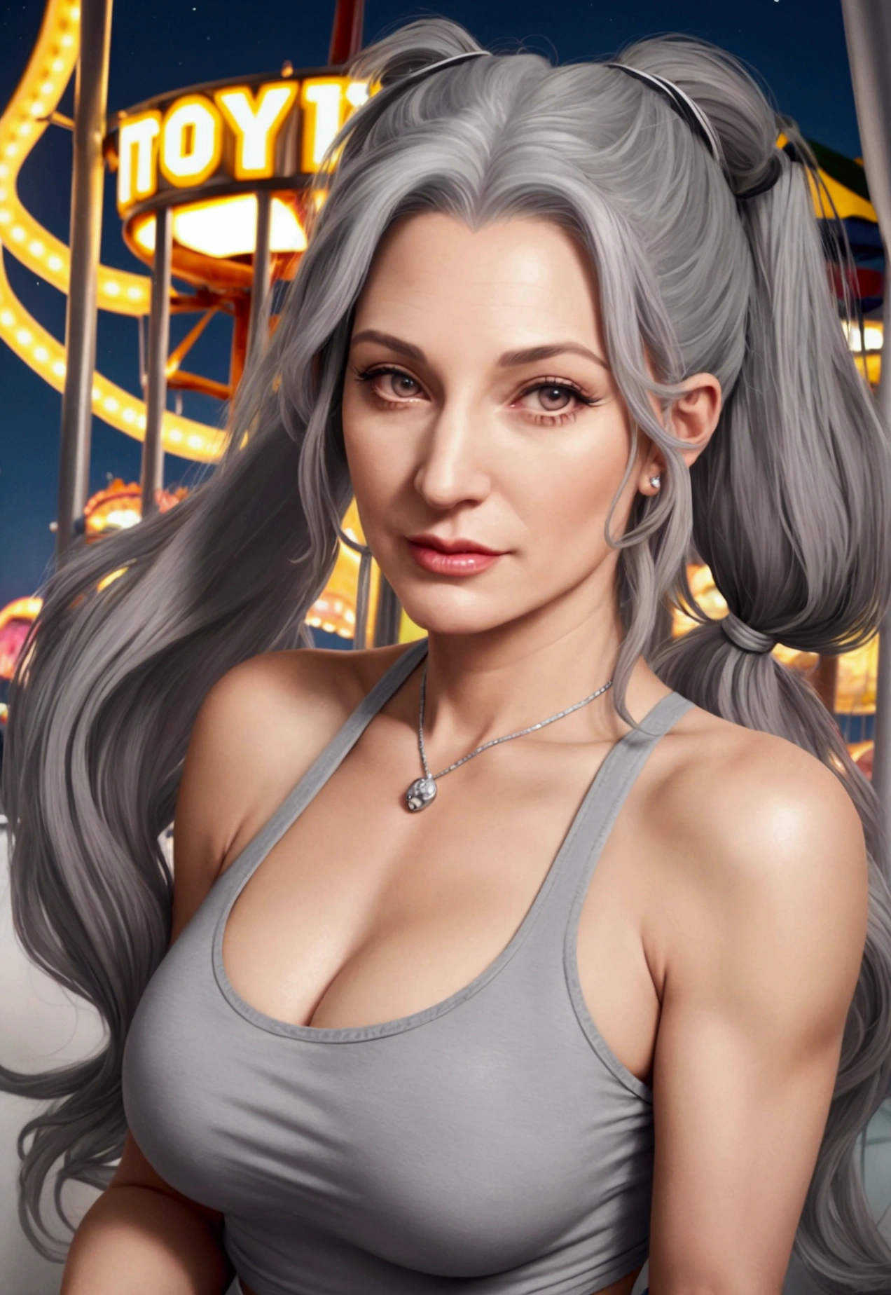 (Gray haired mature woman: 1.3), ((look alike Tory Lane)),solo, (Gray long hair gathered in two ponytails: 1.2), (50 years old) (medium melons :0.7), yellow eyes, (white top with an open neckline:1.1), (denim short shorts with holes:0.9), (on the background of an amusement park:1.1), night, bright lights, (masterpiece)), (high quality), (best quality), (detailed), hd, perfect lighting, detailed face, detailed body,