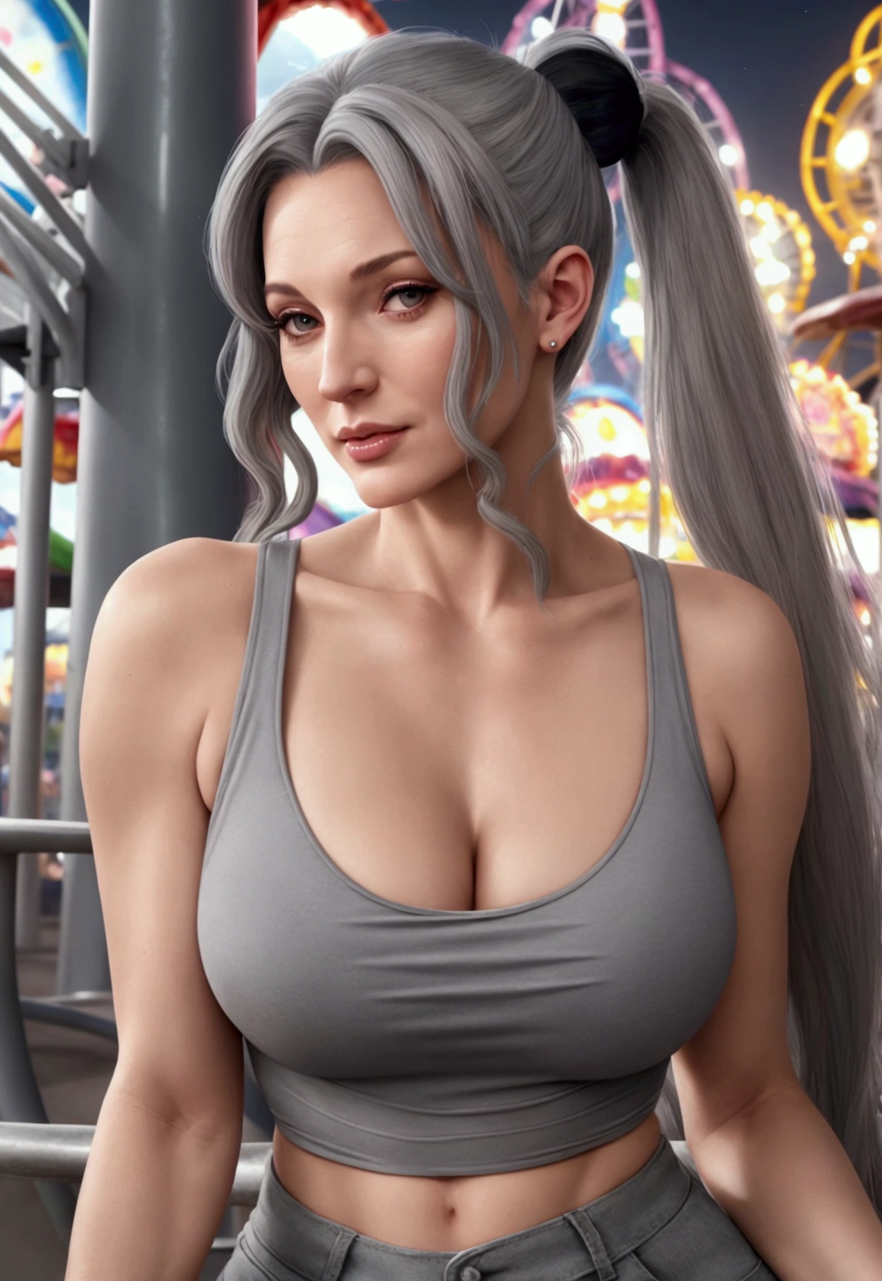 (Gray haired mature woman: 1.3), ((look alike Tory Lane)),solo, (Gray long hair gathered in two ponytails: 1.2), (50 years old) (medium melons :0.7), yellow eyes, (white top with an open neckline:1.1), (denim short shorts with holes:0.9), (on the background of an amusement park:1.1), night, bright lights, (masterpiece)), (high quality), (best quality), (detailed), hd, perfect lighting, detailed face, detailed body,