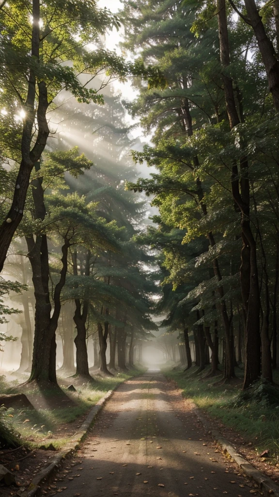 In the forest shrouded in mystical morning mist、Light is a tree々A fantastic scene coming through the gap