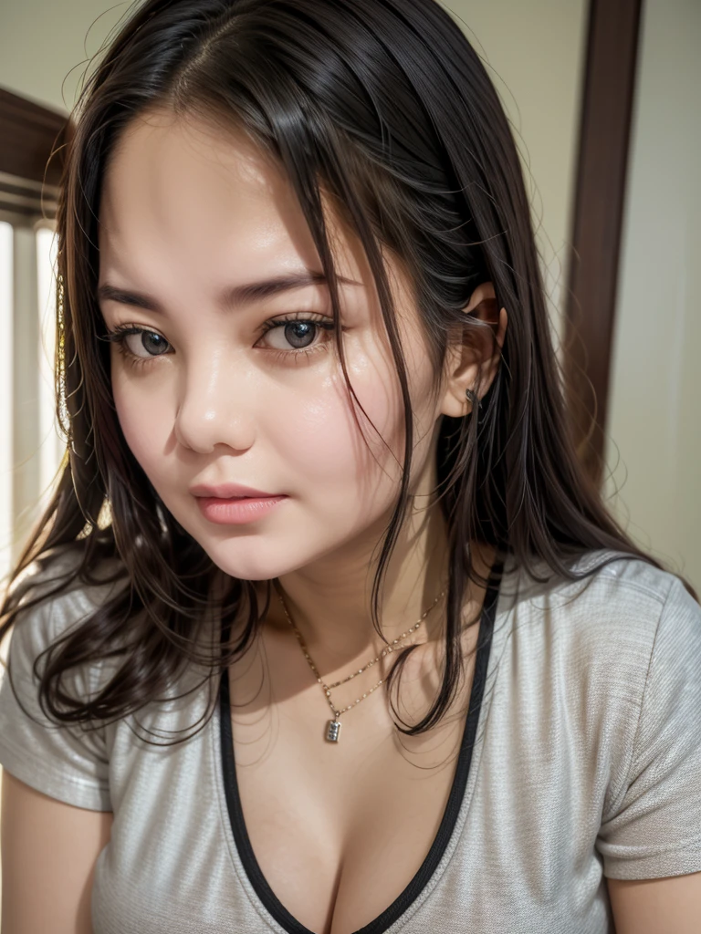 1girl,black eyes,black hair,breasts,brown eyes,cleavage,forehead,jewelry,large breasts,lips,long hair,looking at viewer,makeup,medium breasts,necklace,nose,photo \(medium\),photorealistic,realistic,red lips,simple background,solo,upper body