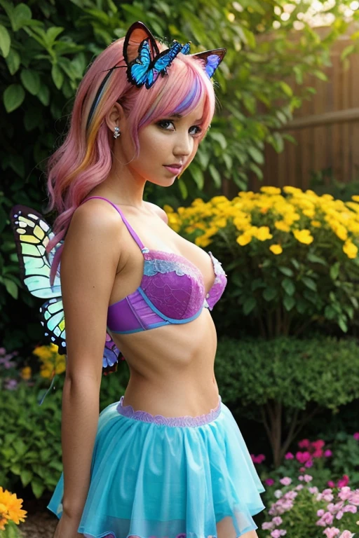 3/4 profile pose BREAK  the very sexy  bimbo slut angel mama (fairy:1.2) anime catgirl waiting posing with the garden flowers,  bright colorful  hairstyle, ultra sharp high detail, summer tan, cat ears BREAK wearing colorful lace bra and shimmering skirt BREAK  rainbow costume butterfly wing