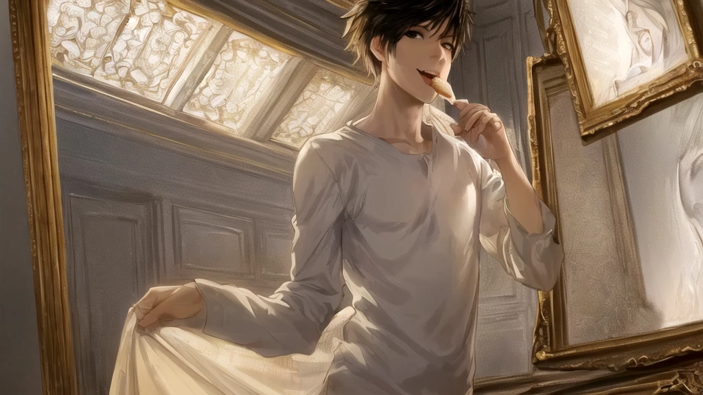 1 boy, man, perfect anatomy, mesmerizing black eyes, 8k resolution, (one person), (realism: 1.2), (masterpiece: 1.2), (cowboy frame: 1.2), dark romantic lighting, (high detail: 1.2), (detailed face: 1.2), (gradients), bright detailed eyes, (natural light: 1.2), solo, indoors, perfect lighting, perfect facial features, perfect angle, perfectly drawn eyes, man, smile, skinny, eats cake