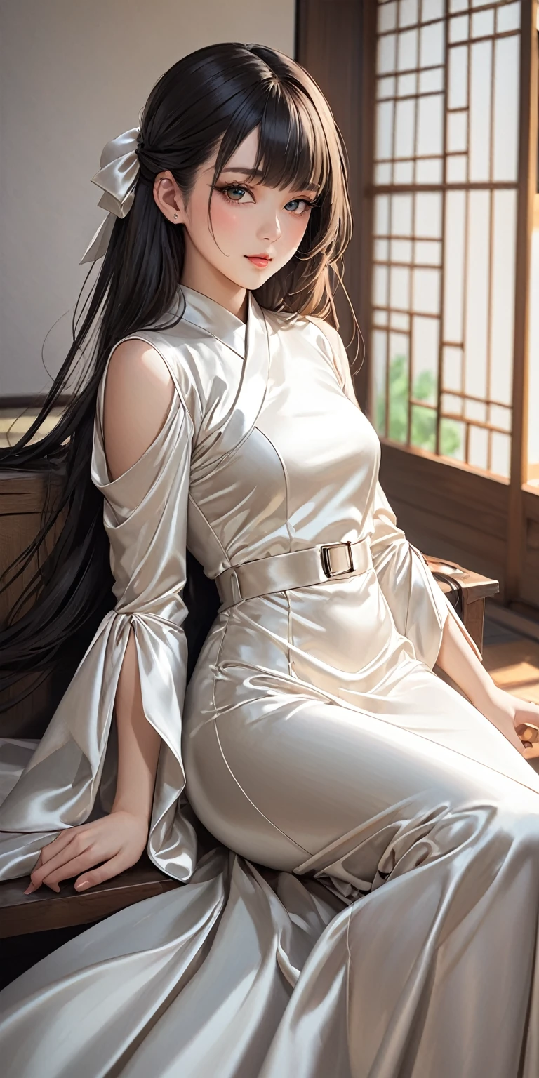 Portraiture、(masterpiece,Highest quality,Ultra-high resolution),Japanese women, (((Very beautiful 25 year old girl))),She is wearing a long-sleeved dress made of shiny satin fabric.