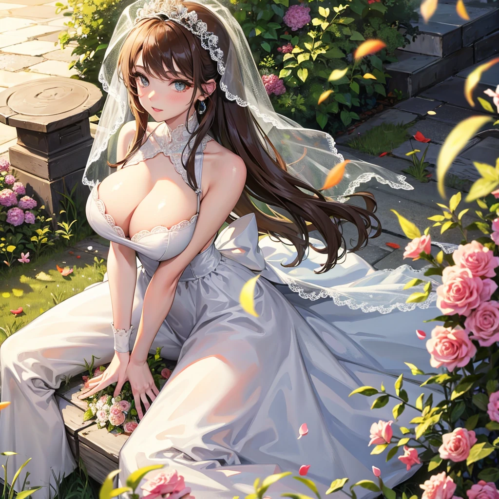 Huge breasts in a micro bra in a wedding dress with a lace neckline in the park with a veil and bouquet