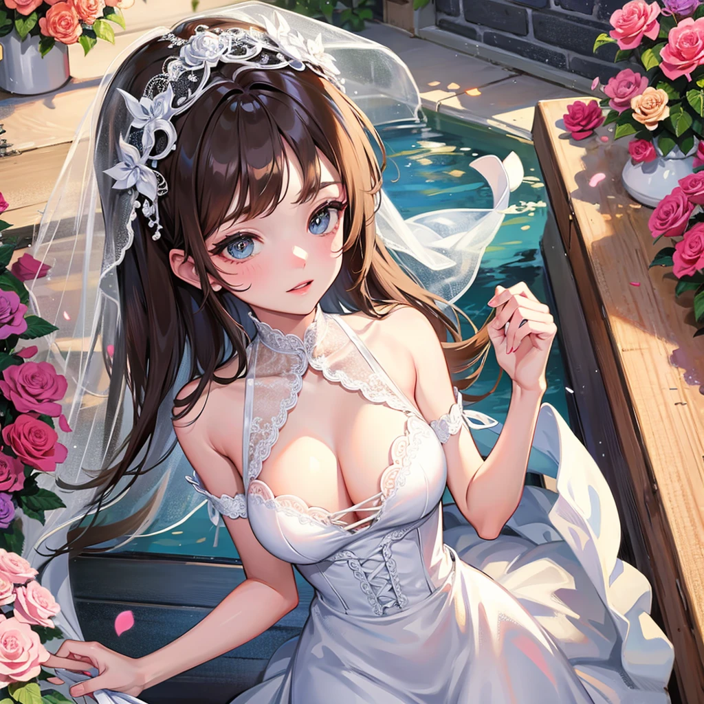 Huge breasts in a micro bra in a wedding dress with a lace neckline in the park with a veil and bouquet