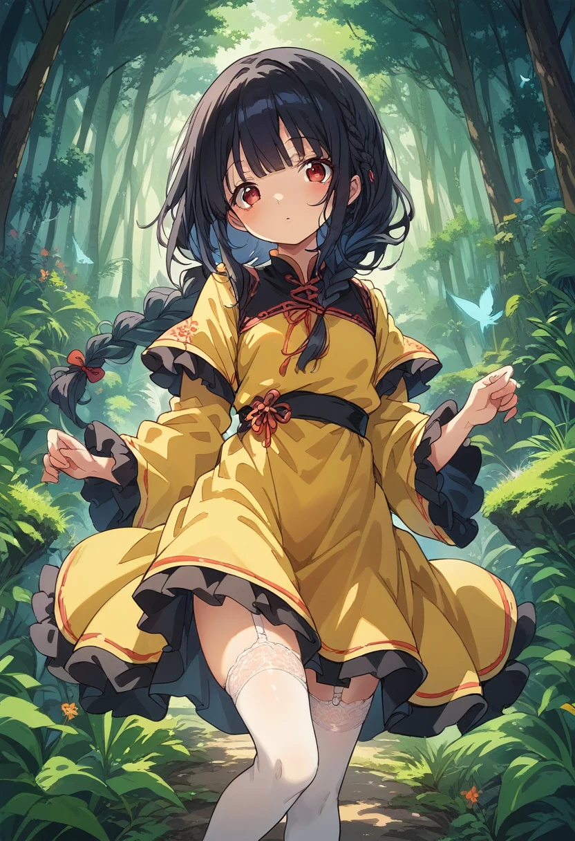 BREAK Perfect Anatomy、(High resolution:1.2)、Incredible illustrations、(Cute illustrations:1.2)、() （Beautiful background(forest)) 1 girl(Black hair, long hair, single braid, red eyes,tattoos, )(young adult woman:2.0)
Long ruffled sleeves, yellow and black jiangshi cheongsam dress, garter stockings