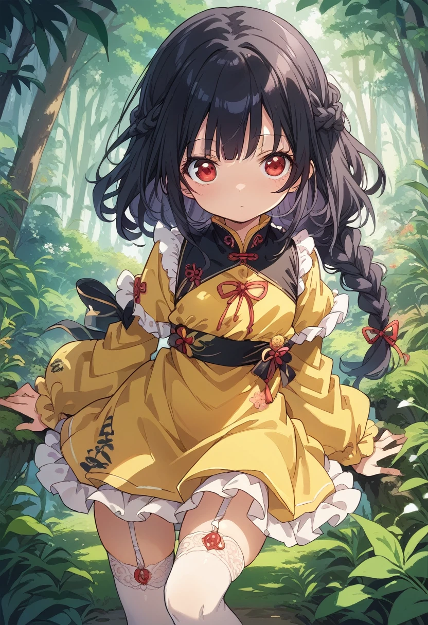 BREAK Perfect Anatomy、(High resolution:1.2)、Incredible illustrations、(Cute illustrations:1.2)、() (Beautiful background(forest)) 1 girl(Black hair, long hair, single braid, red eyes,tattoos, )(young adult woman:2.0)
Long ruffled sleeves, yellow and black jiangshi cheongsam dress, garter stockings