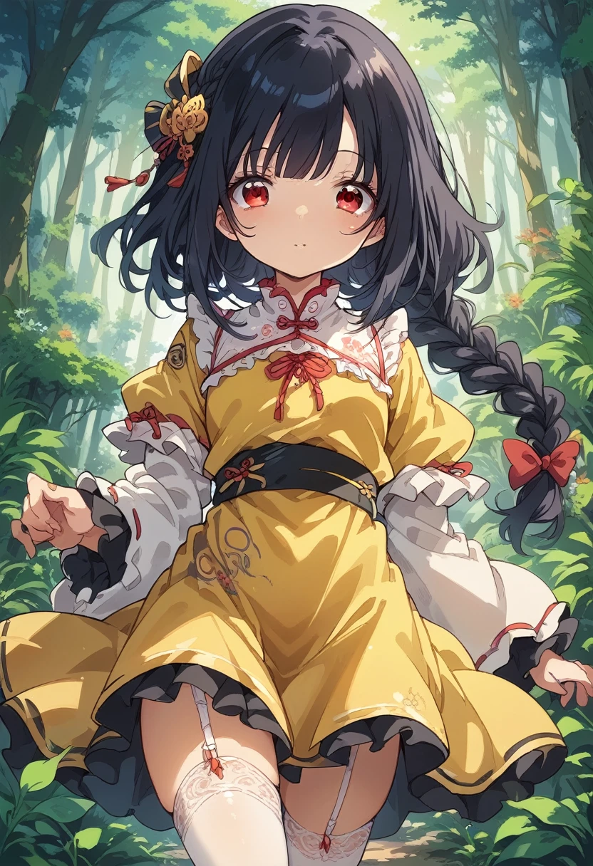 BREAK Perfect Anatomy、(High resolution:1.2)、Incredible illustrations、(Cute illustrations:1.2)、() (Beautiful background(forest)) 1 girl(Black hair, long hair, single braid, red eyes,tattoos, )(young adult woman:2.0)
Long ruffled sleeves, yellow and black jiangshi cheongsam dress, garter stockings