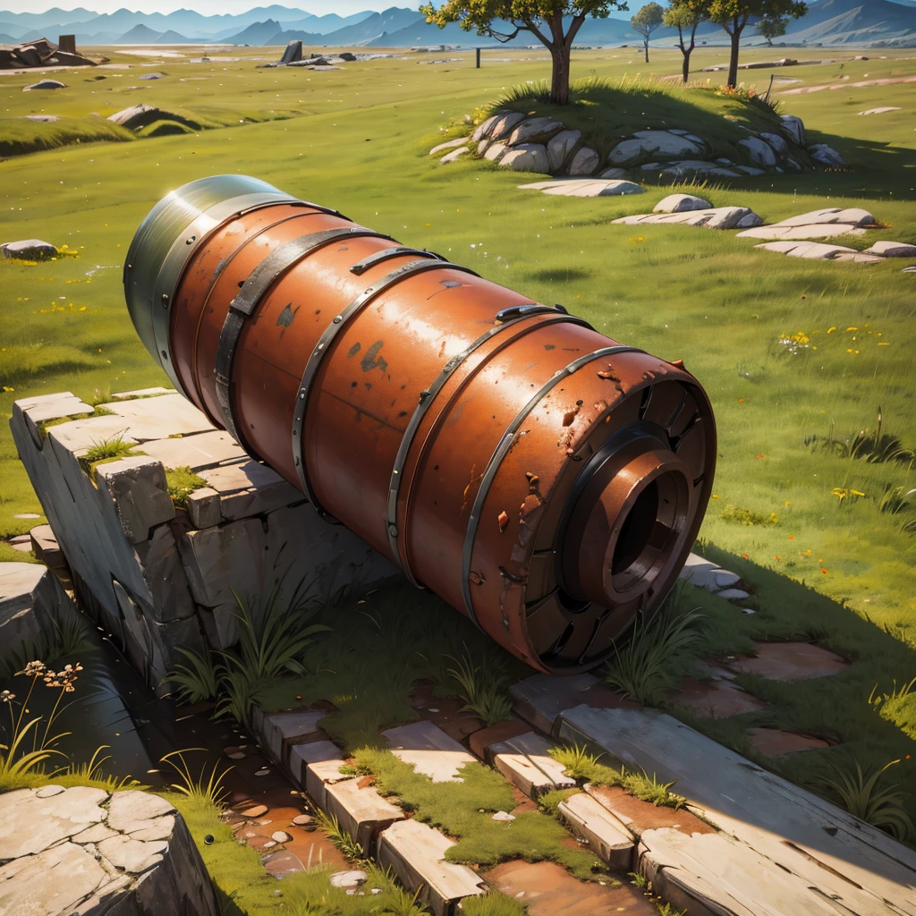 large rusty cylindrical piece on a rocky area with grass, post apocalypse