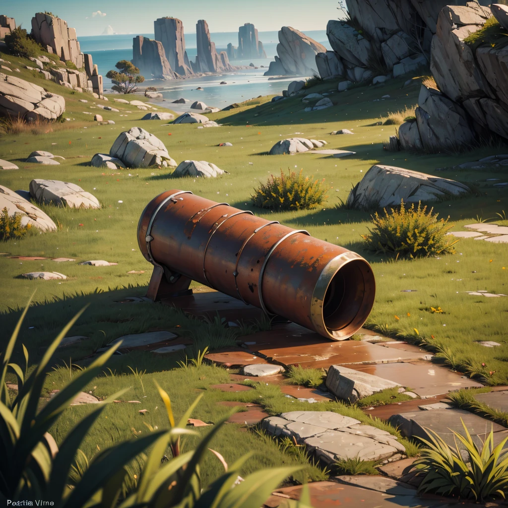 large rusty cylindrical piece on a rocky area with grass, post apocalypse
