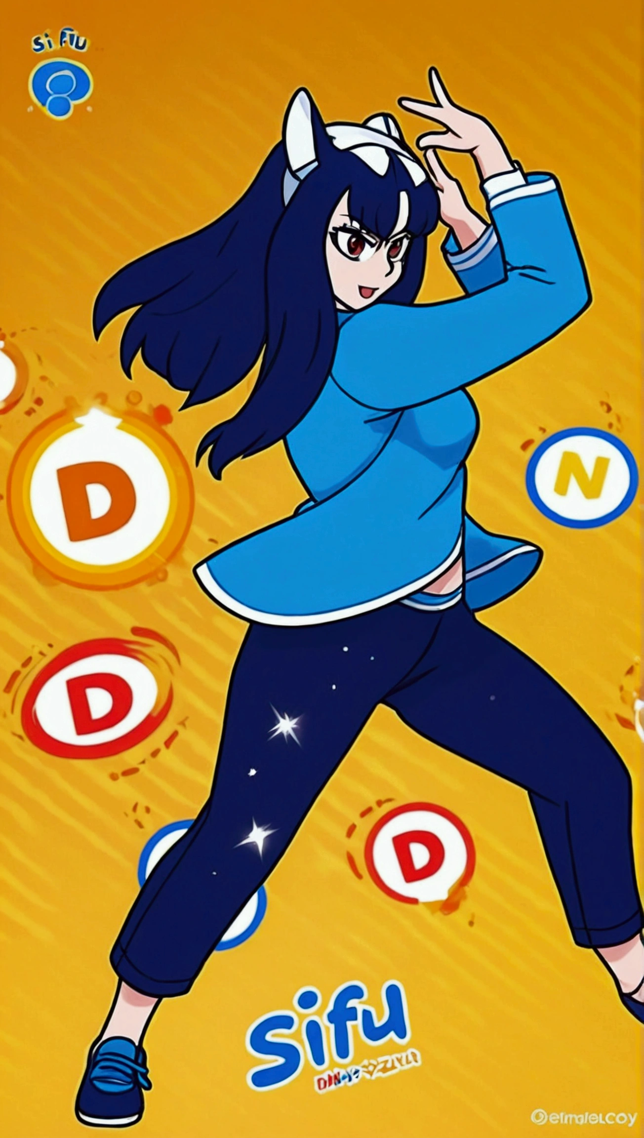 a closeup of an anime character with a yellow background, thick, in the style of sifu 🔥 😎 🕹️ 👀 :2, dancing in the background, dancing character, super super dynamic dynamic pose, She is dancing, hands behind his body pose!, Whole body!! dynamic pose, she has a round belly, fat and wavy, dynamic pose y energética